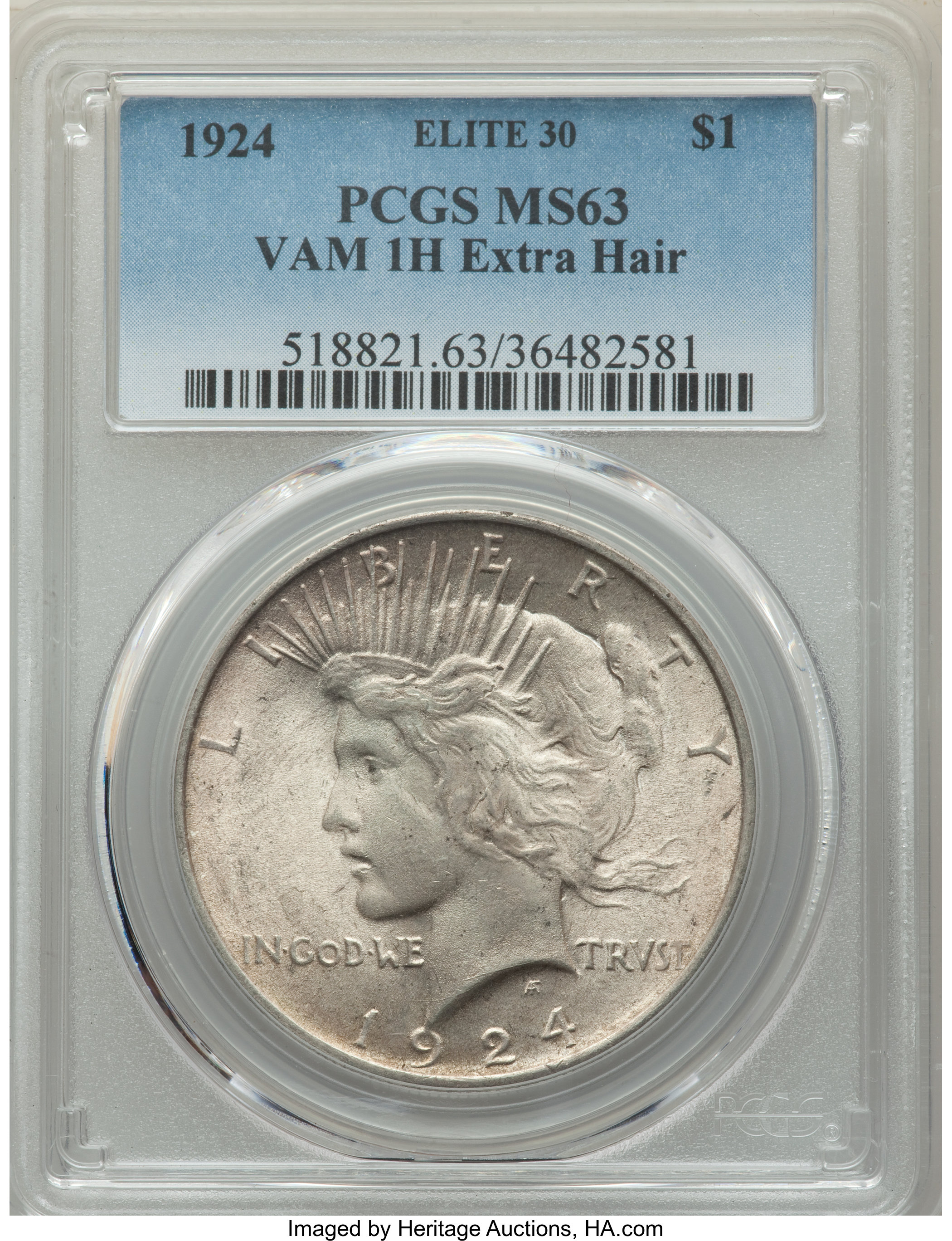 image for: 1924 $1 Extra Hair, VAM-1H, MS63 PCGS. A Elite 30 Variety. PCGS Population: (3/8). NGC Census: (0/0). MS63....