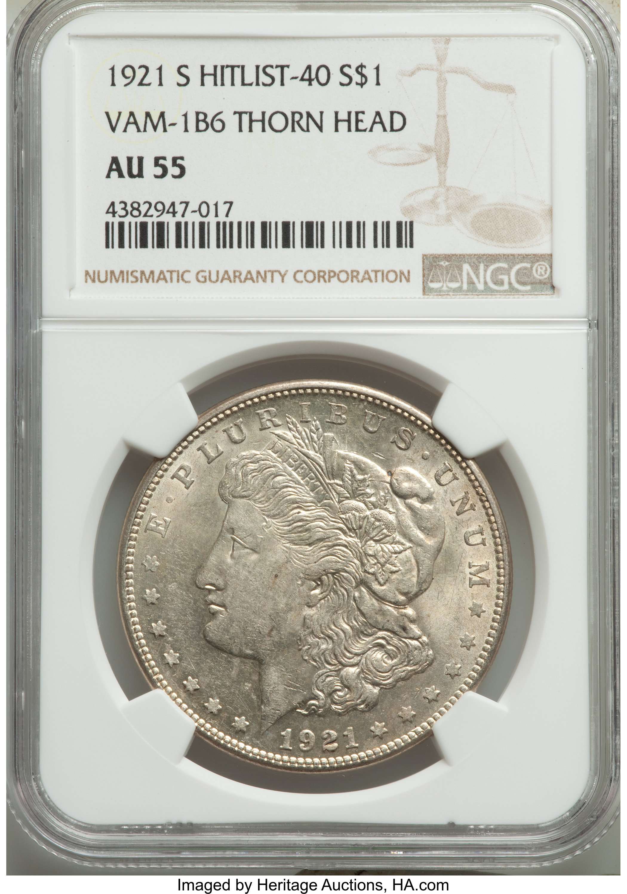 1921-S $1 Thorn Head, VAM-1B6, AU55 NGC. A Hitlist-40 Variety. NGC Census: (0/0). PCGS Population: (13/62). AU55....