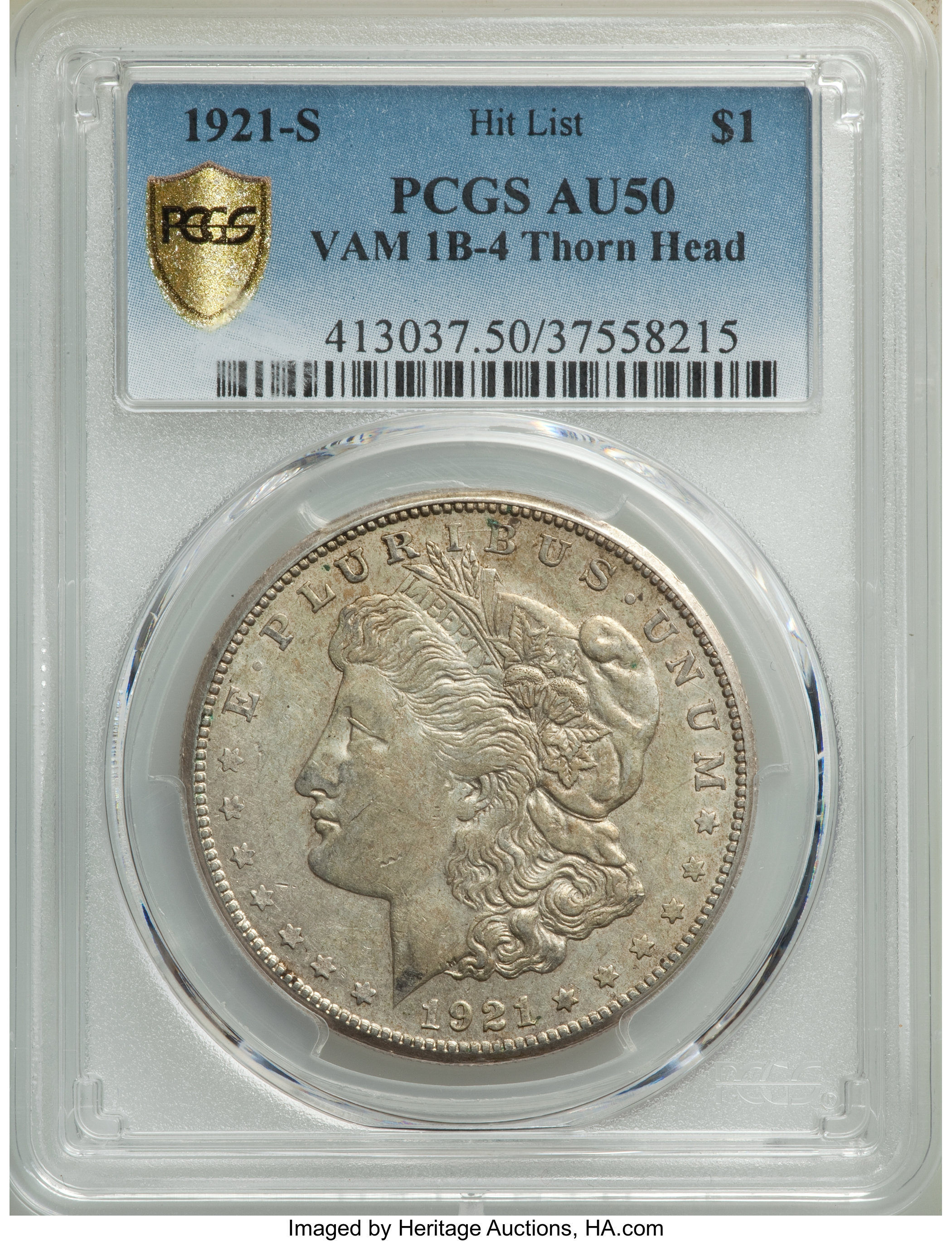 image for: 1921-S $1 Thorn Head, VAM-1B4, AU50 PCGS. A Hit List Variety. PCGS Population: (6/20 and 0/0+). NGC Census: (0/0 and 0/0+)....