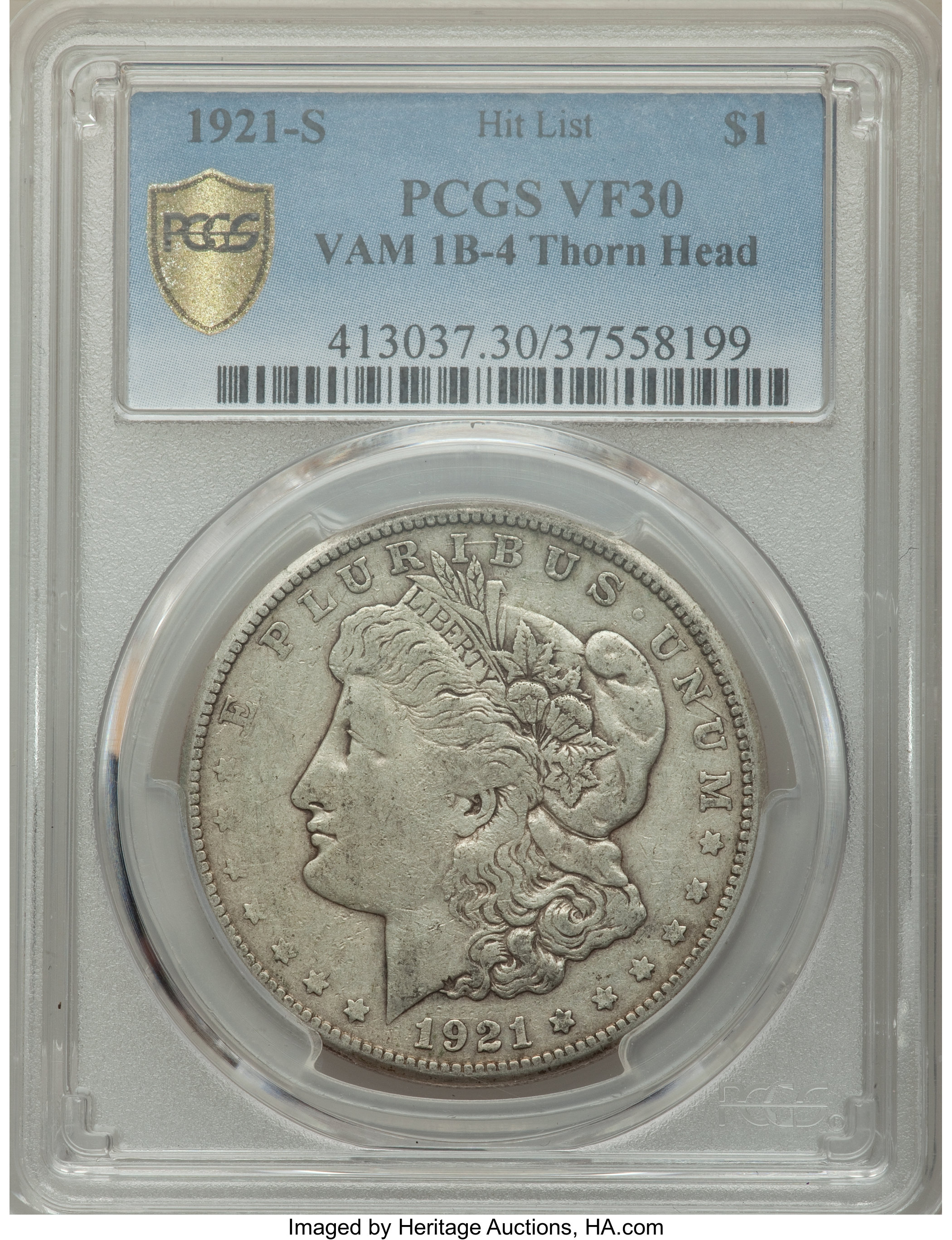 image for: 1921-S $1 Thorn Head, VAM-1B4, VF30 PCGS.  A Hit List Variety. PCGS Population: (2/33). NGC Census: (0/0). VF30....