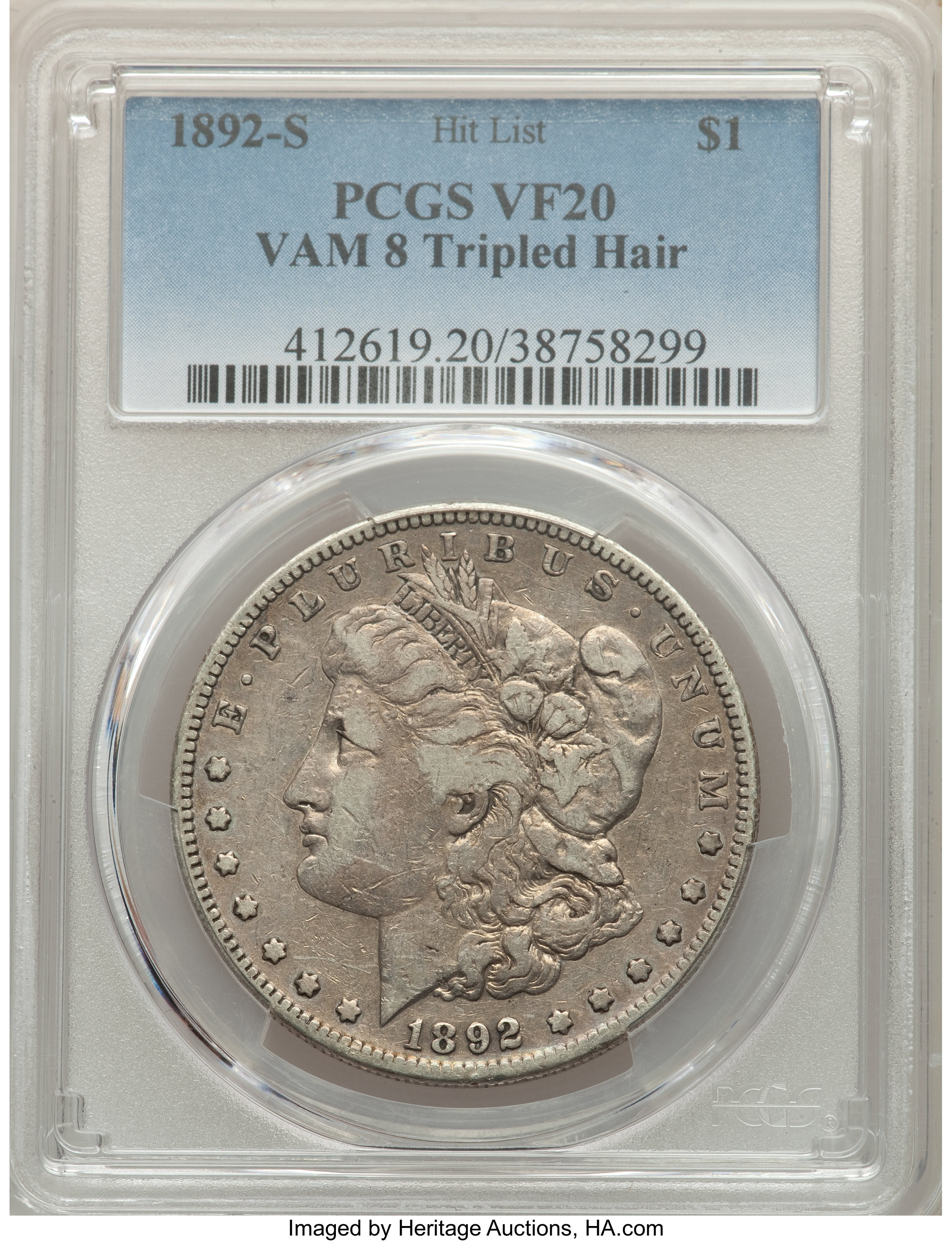 image for: 1892-S $1 Tripled Hair, VAM-8, VF20 PCGS.  Hit List. PCGS Population: (1/21). NGC Census: (0/0). VF20. Mintage 1,200,000....