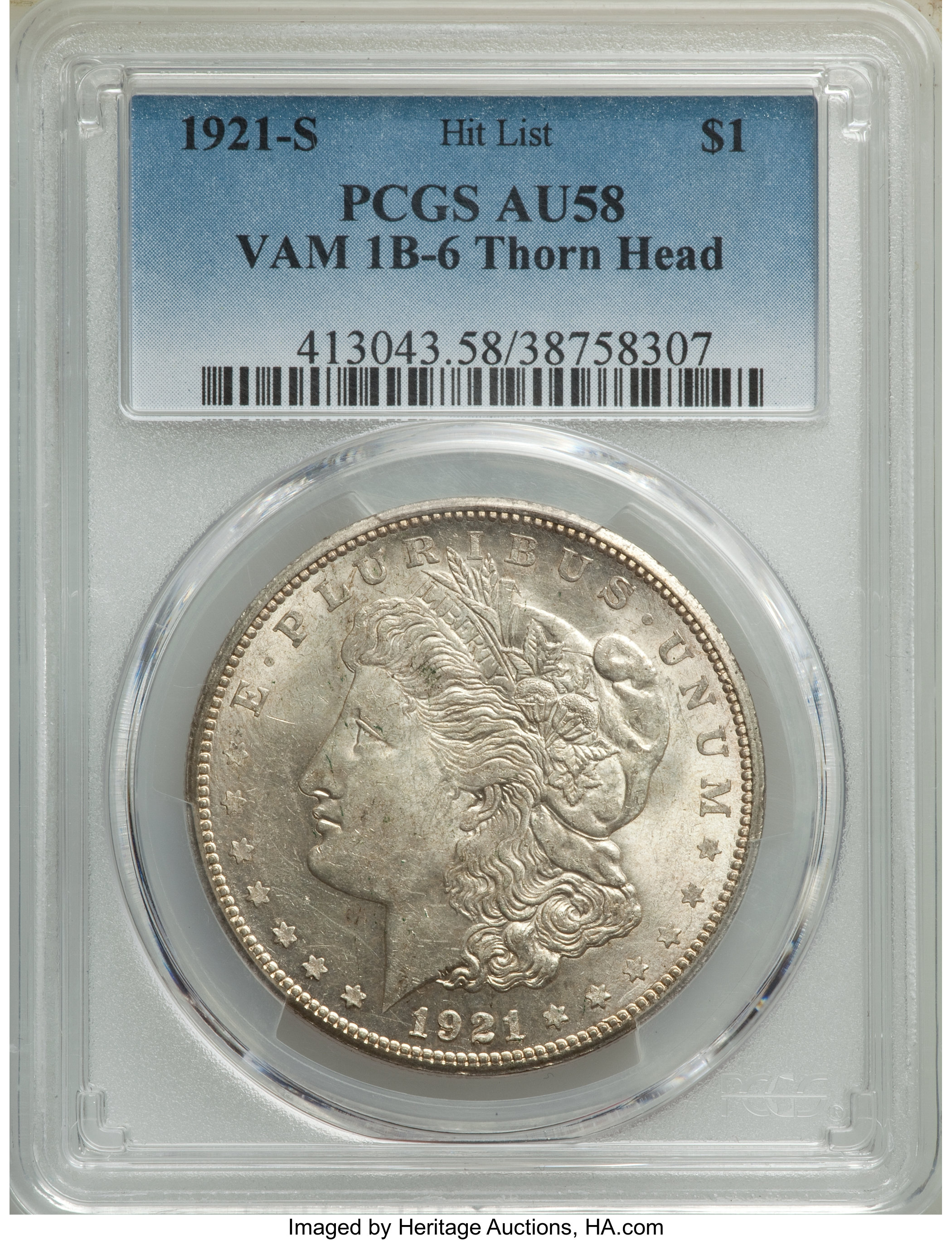 1921-S $1 Thorn Head, VAM-1B6, AU58 PCGS. Hit-List Variety. PCGS Population: (18/49). NGC Census: (0/0). AU58....