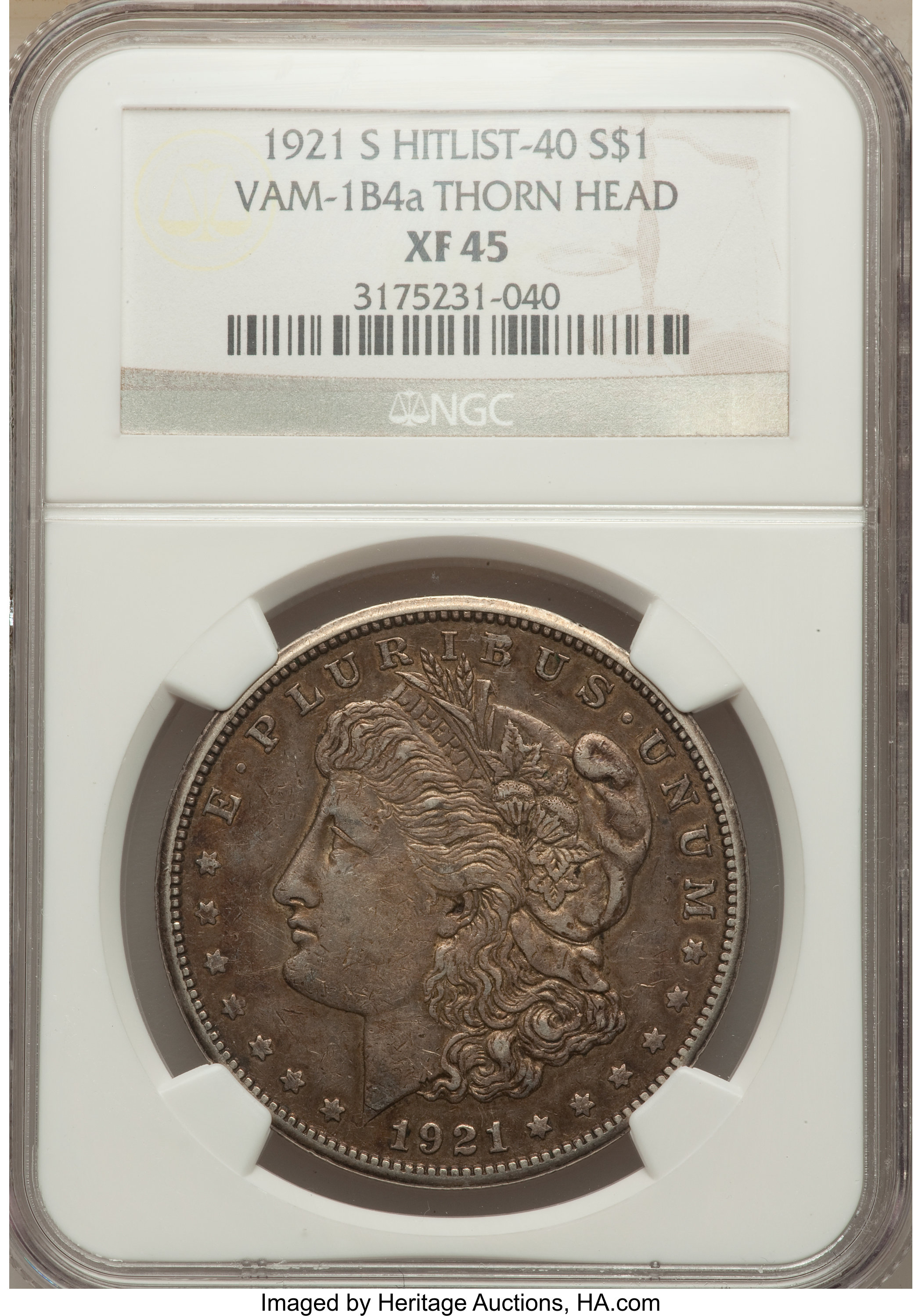 image for: 1921-S $1 Thorn Head, VAM-1B4a, XF45 NGC. Hitlist-40. NGC Census: (0/0). PCGS Population: (3/11). XF45. Mintage 21,695,000....