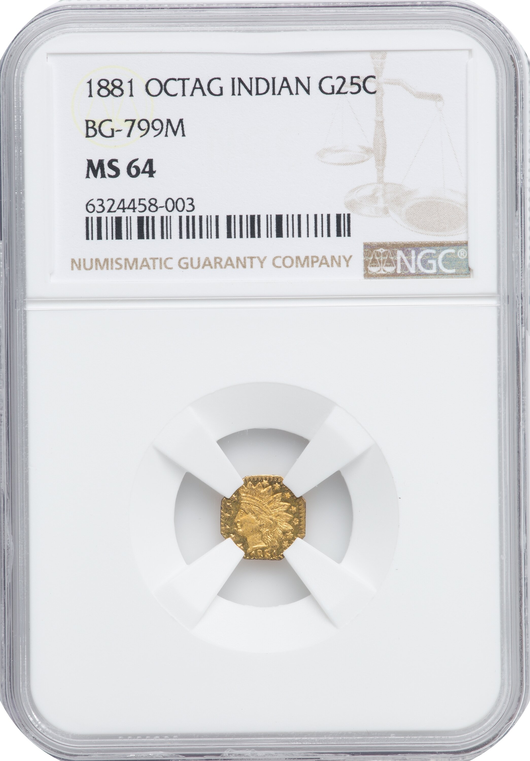 image for: 1881 25C Indian Octagonal 25 Cents, BG-799M, Low R.5, MS64 NGC. NGC Census: (3/2). PCGS Population: (19/12). MS64. ...
