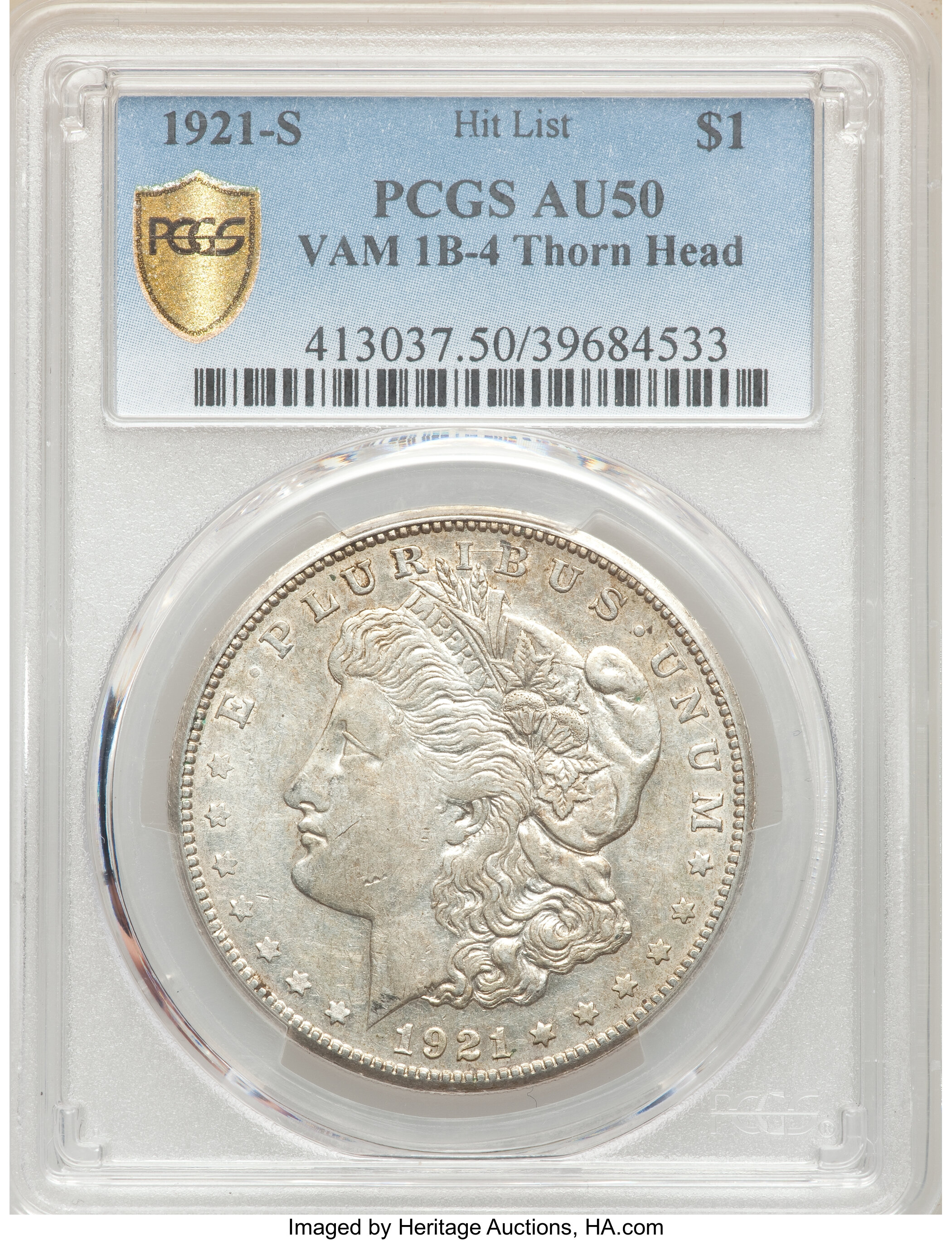 image for: 1921-S $1 Thorn Head, VAM-1B4, AU50 PCGS. A Hit List Variety. PCGS Population: (6/22 and 0/0+). NGC Census: (0/0 and 0/0+)....