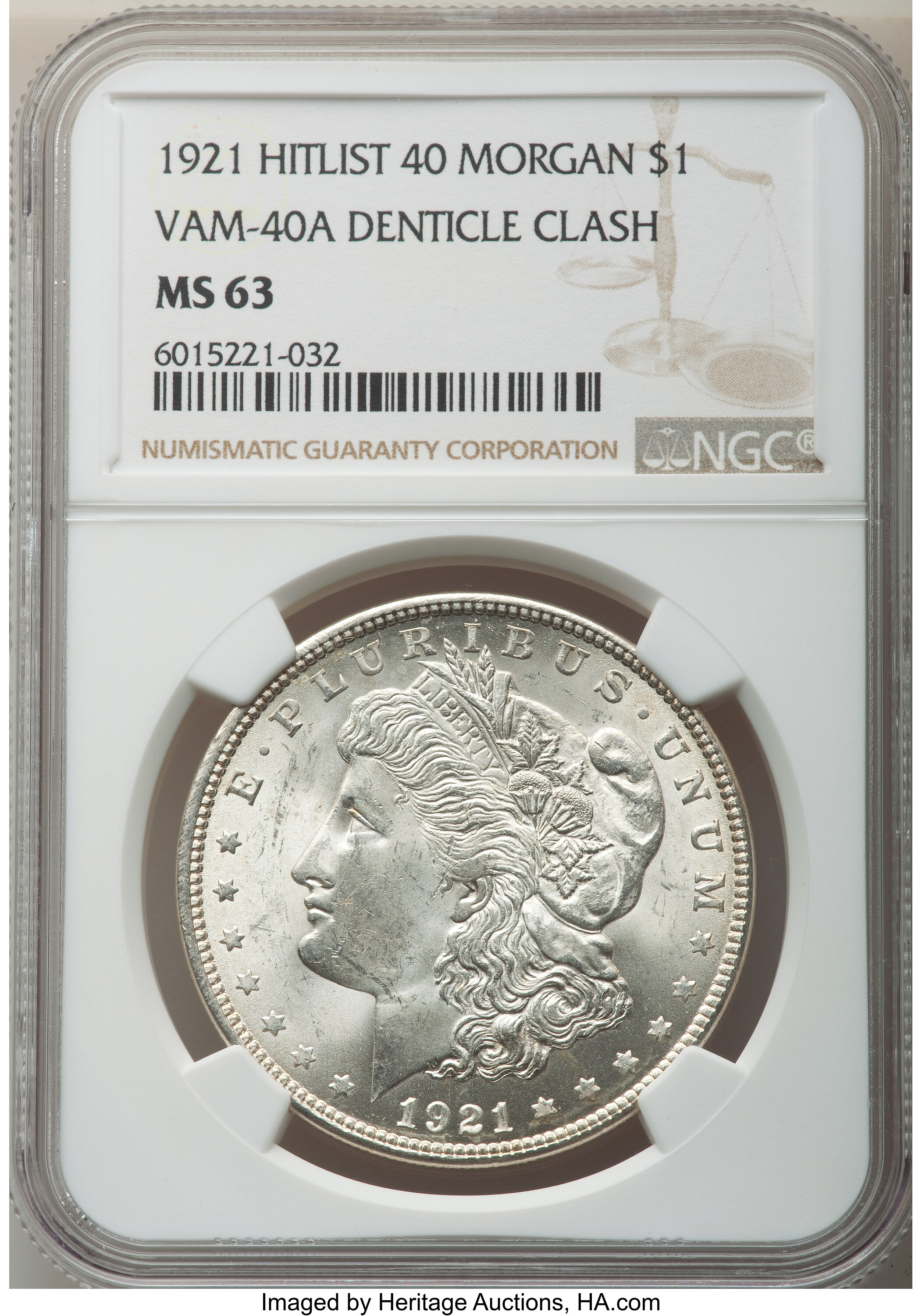 image for: 1921 $1 Denticle Clash, VAM-40, MS63 NGC. A Hitlist 40 Variety. NGC Census: (0/0). PCGS Population: (14/0). CDN: $64 Whsle....
