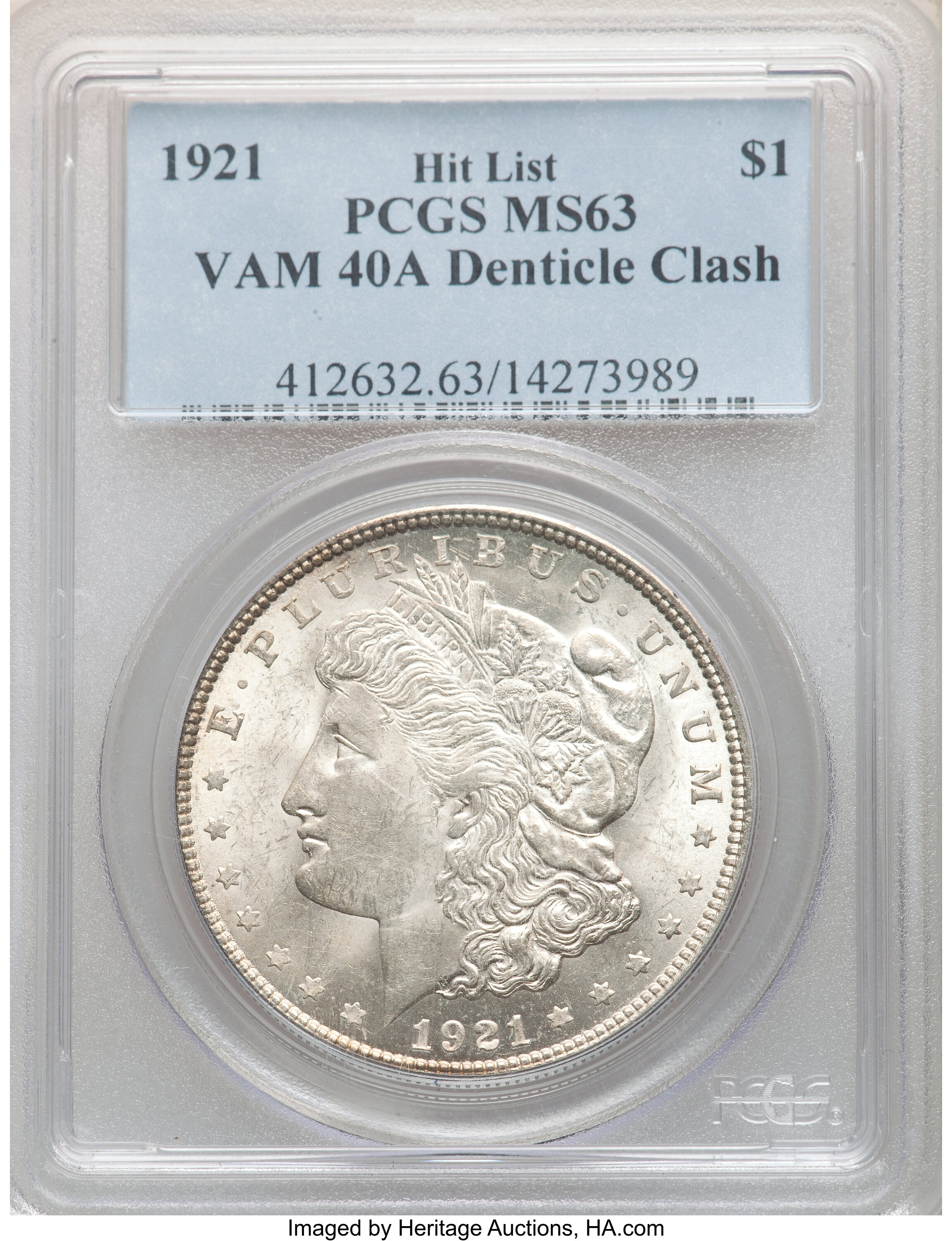 image for: 1921 $1 Denticle Clash, VAM-40A MS63 PCGS. A Hit List Variety. PCGS Population: (13/9). NGC Census: (0/0). MS63. ...