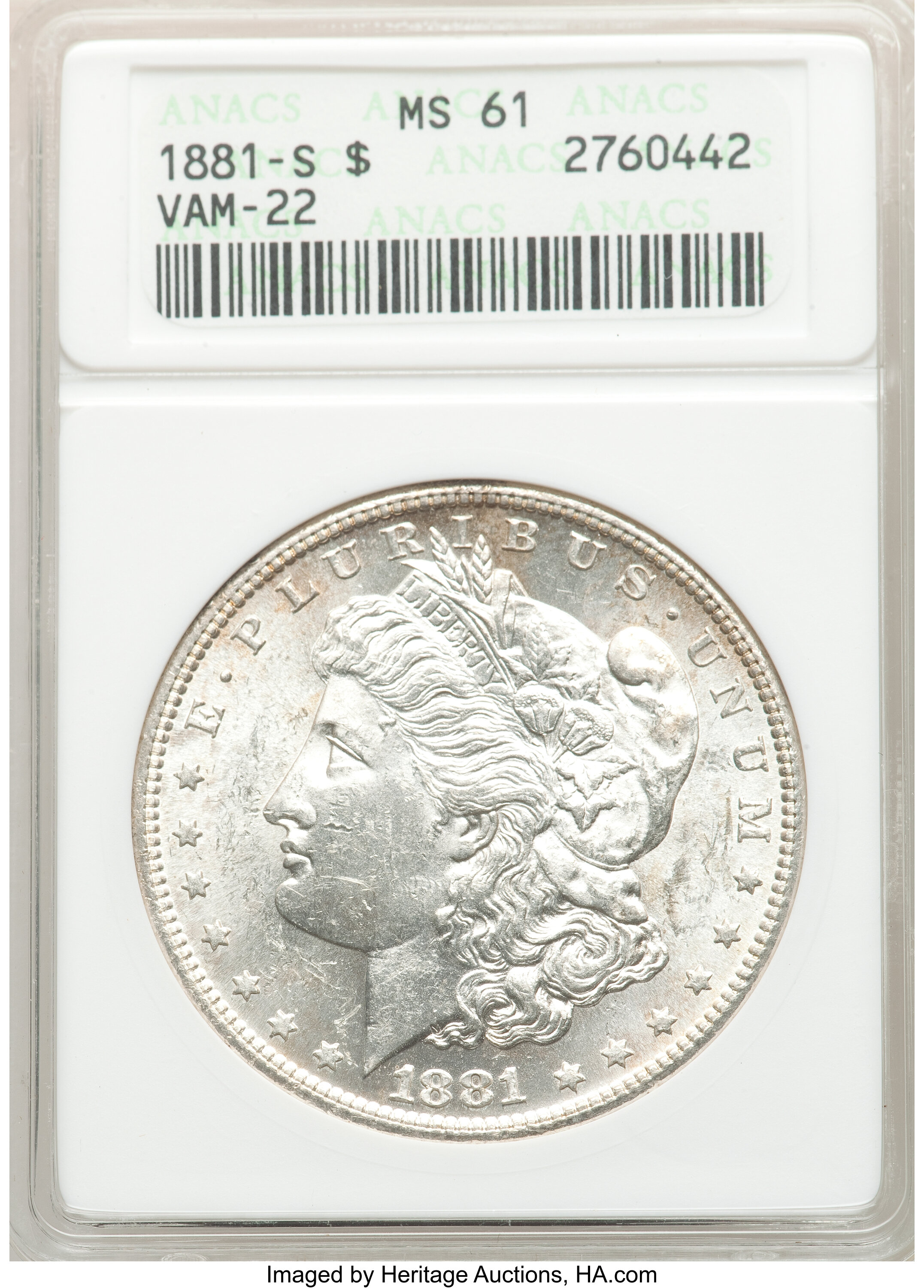 image for: 1881-S $1 Slanted Date, S Set Left, Doubled Right Reverse, VAM-22, MS61 ANACS. Mintage 12,760,000....