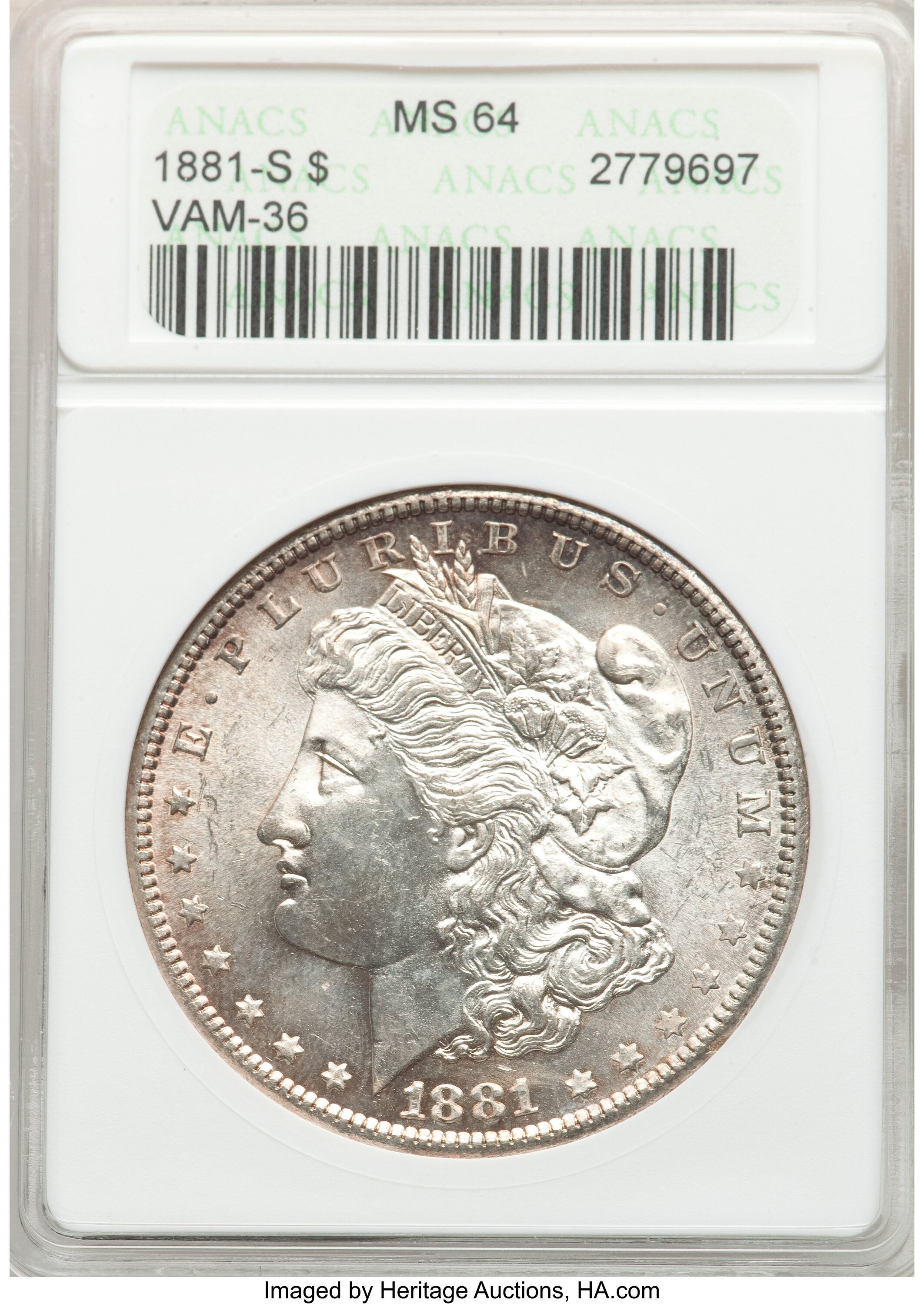 image for: 1881-S $1 S Tilted Right, VAM-36, MS64 ANACS.  Mintage 12,760,000....
