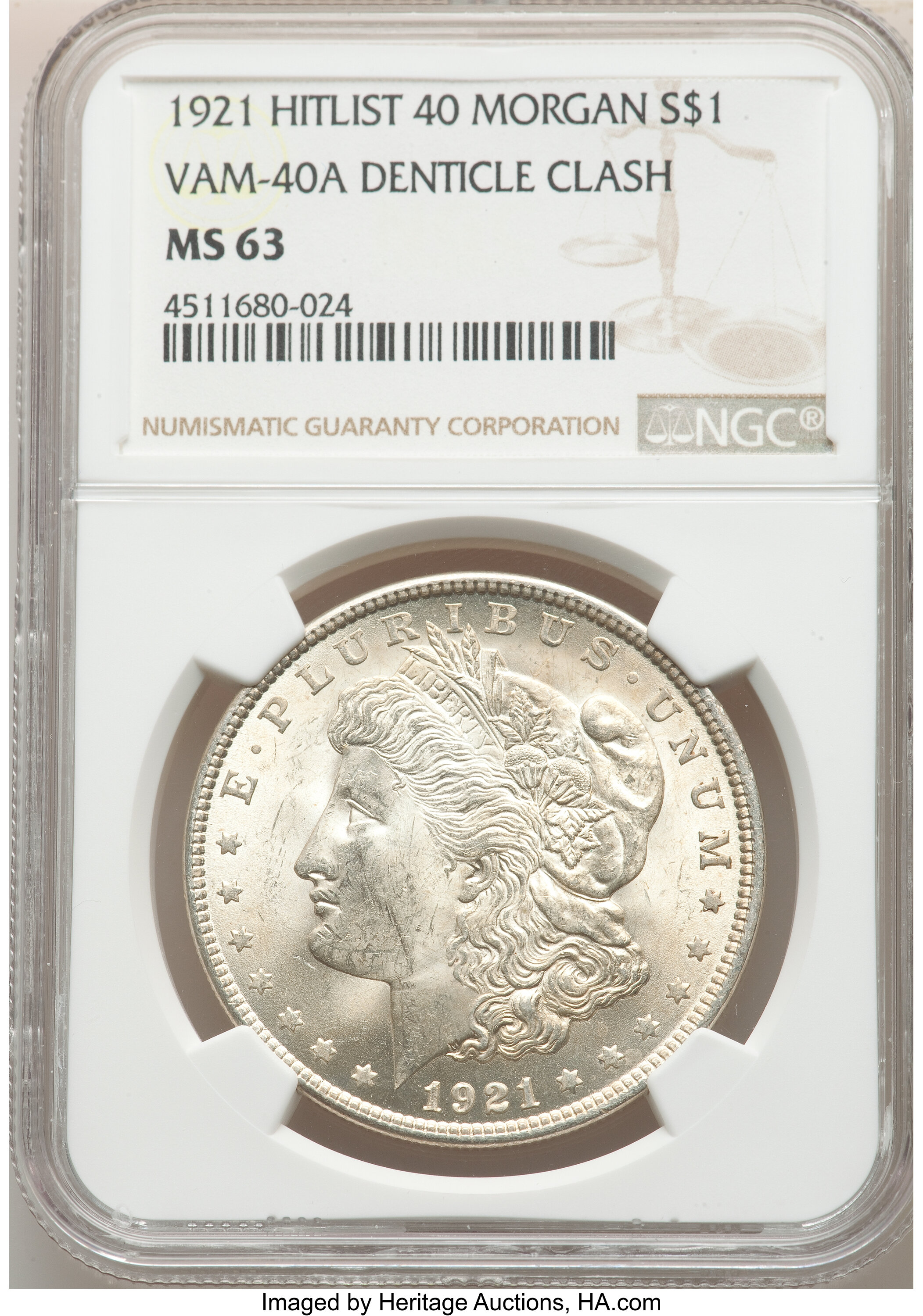 image for: 1921 $1 Denticle Clash, VAM-40A, MS63 NGC. A Hitlist 40 Variety. NGC Census: (0/0). PCGS Population: (13/9). MS63....