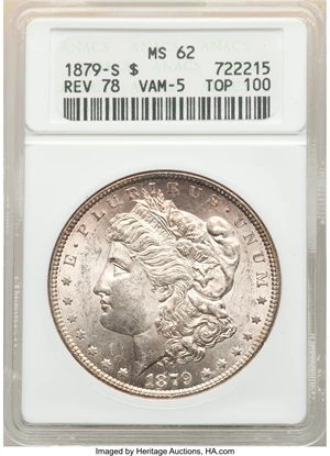 image for: 1879-S $1 Reverse of 1878, VAM-5, Top 100, MS62 ANACS....