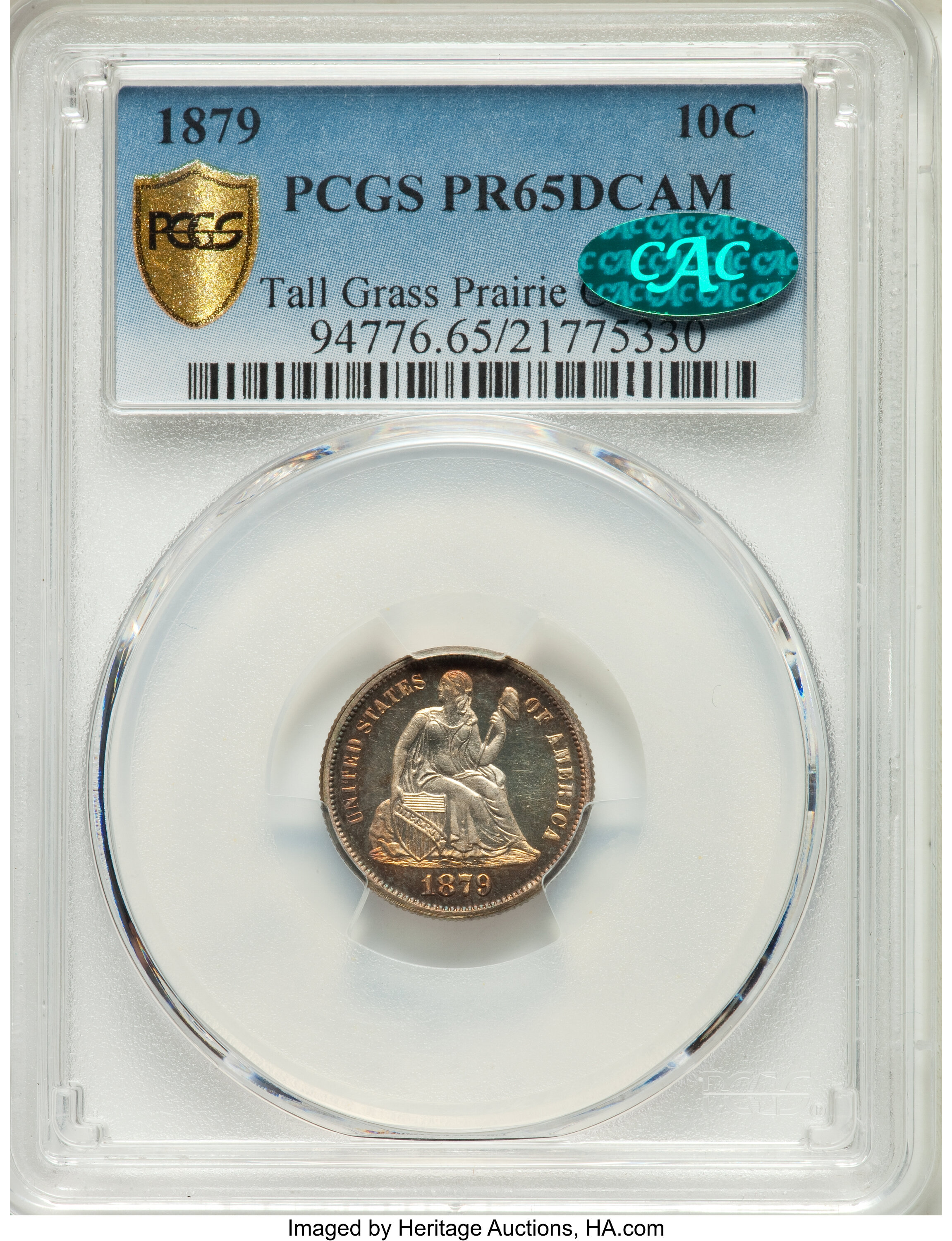 image for: 1879 10C PR65 Deep Cameo PCGS. CAC. Ex; Tall Grass Prairie Collection. PCGS Population: (1/1 and 0/0+). NGC Census: (0/1 an...