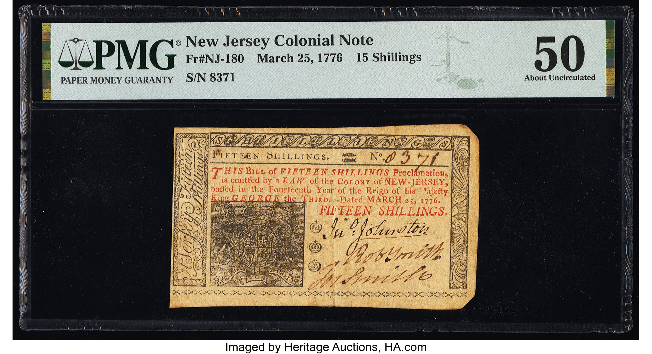 image for: New Jersey March 25, 1776 15s PMG About Uncirculated 50....