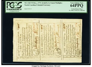 image for: North Carolina December, 1771 2s 6d-5s-1s Uncut Vertical Strip of Three PCGS Very Choice New 64PPQ....