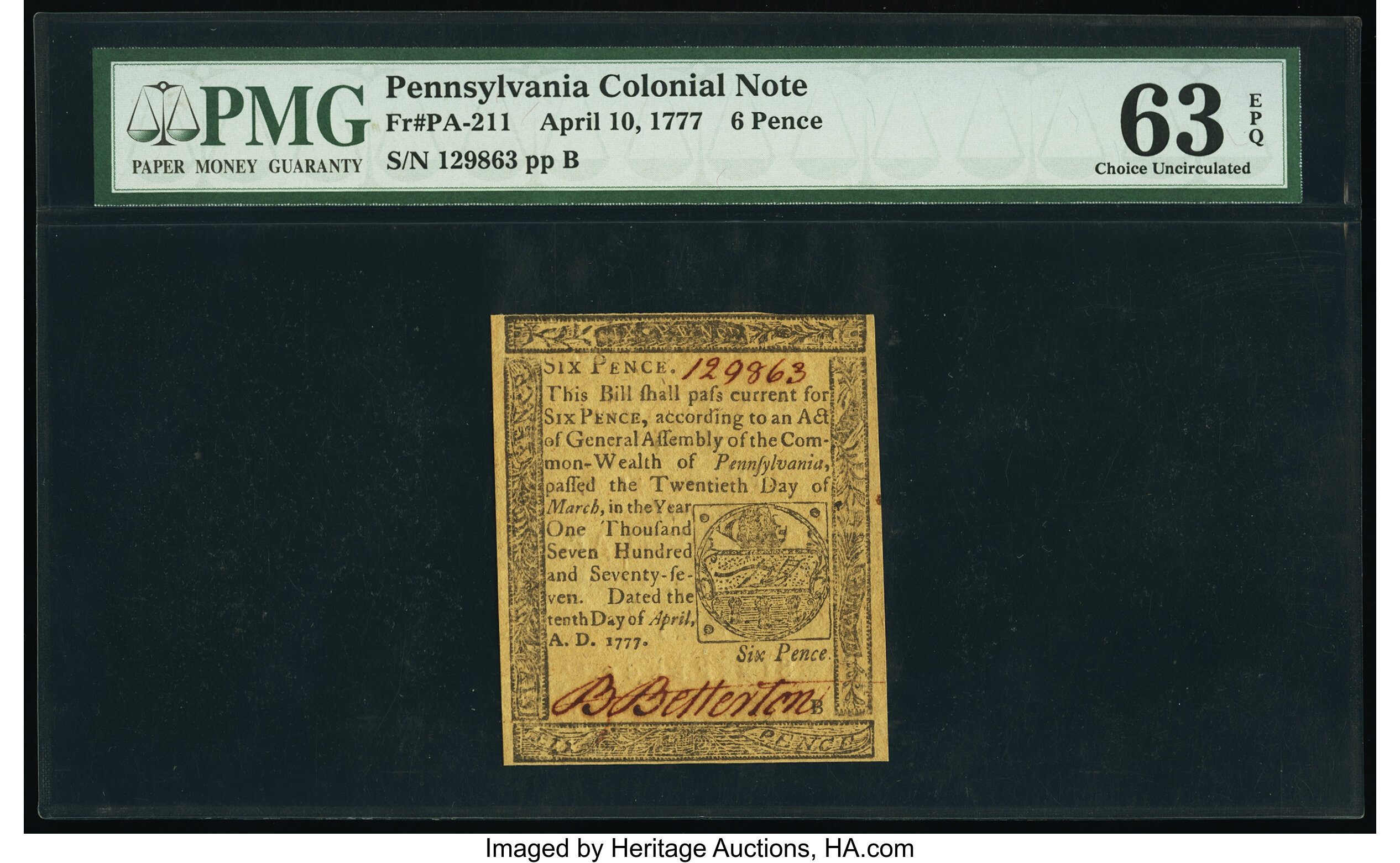 image for: Pennsylvania April 10, 1777 6d PMG Choice Uncirculated 63 EPQ....