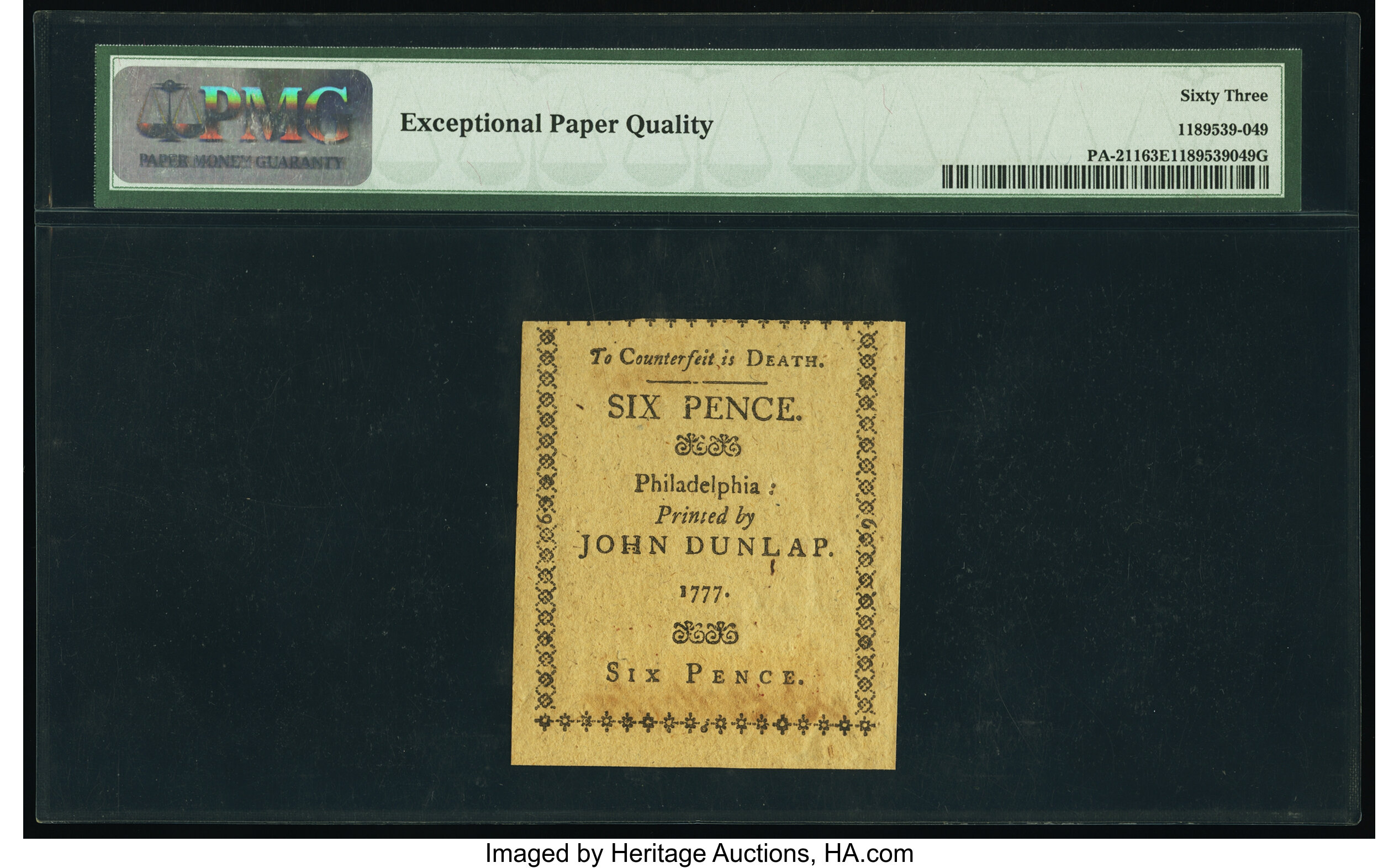 image for: Pennsylvania April 10, 1777 6d PMG Choice Uncirculated 63 EPQ....