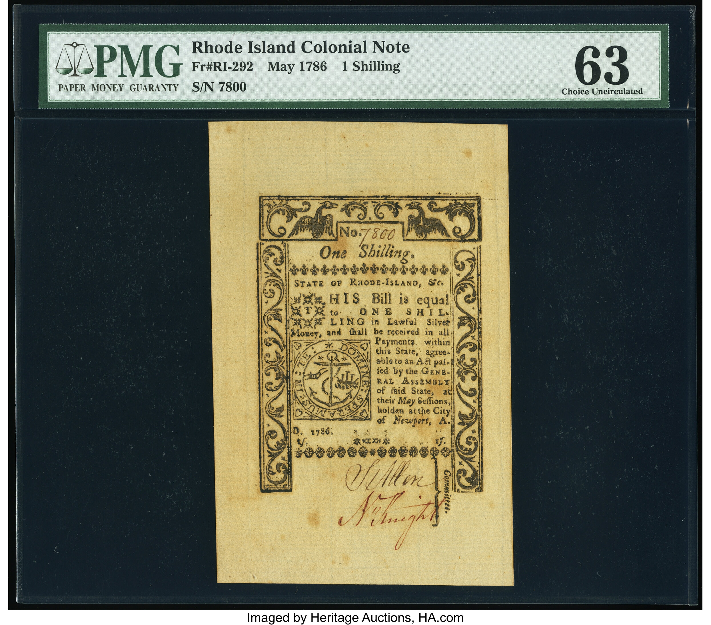 image for: Rhode Island May 1786 1s PMG Choice Uncirculated 63....