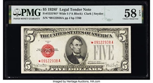 image for: Fr. 1531* $5 1928F Wide I Legal Tender Star Note. PMG Choice About Unc 58 EPQ....