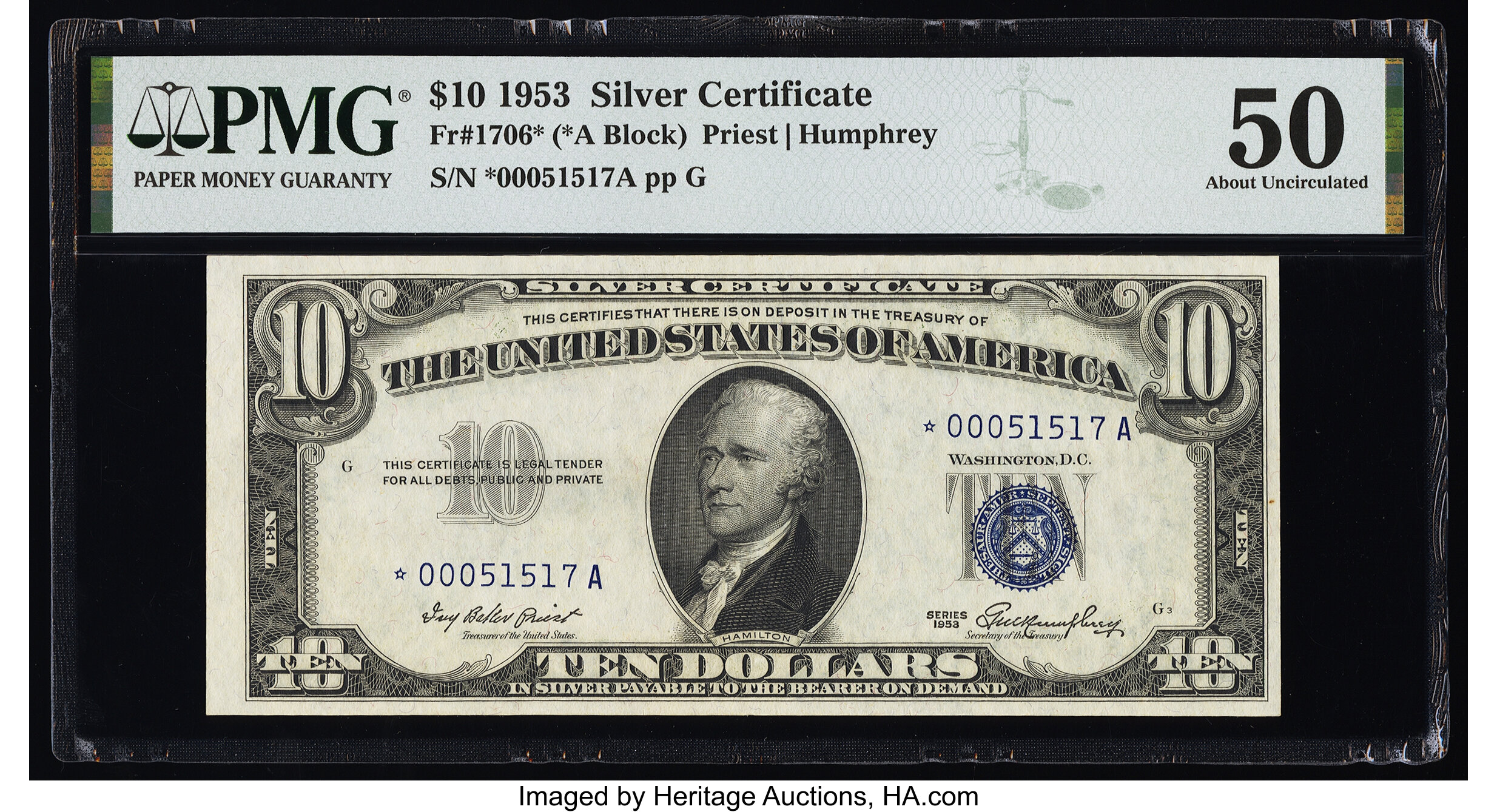 image for: Fr. 1706* $10 1953 Silver Certificate Star. PMG About Uncirculated 50....