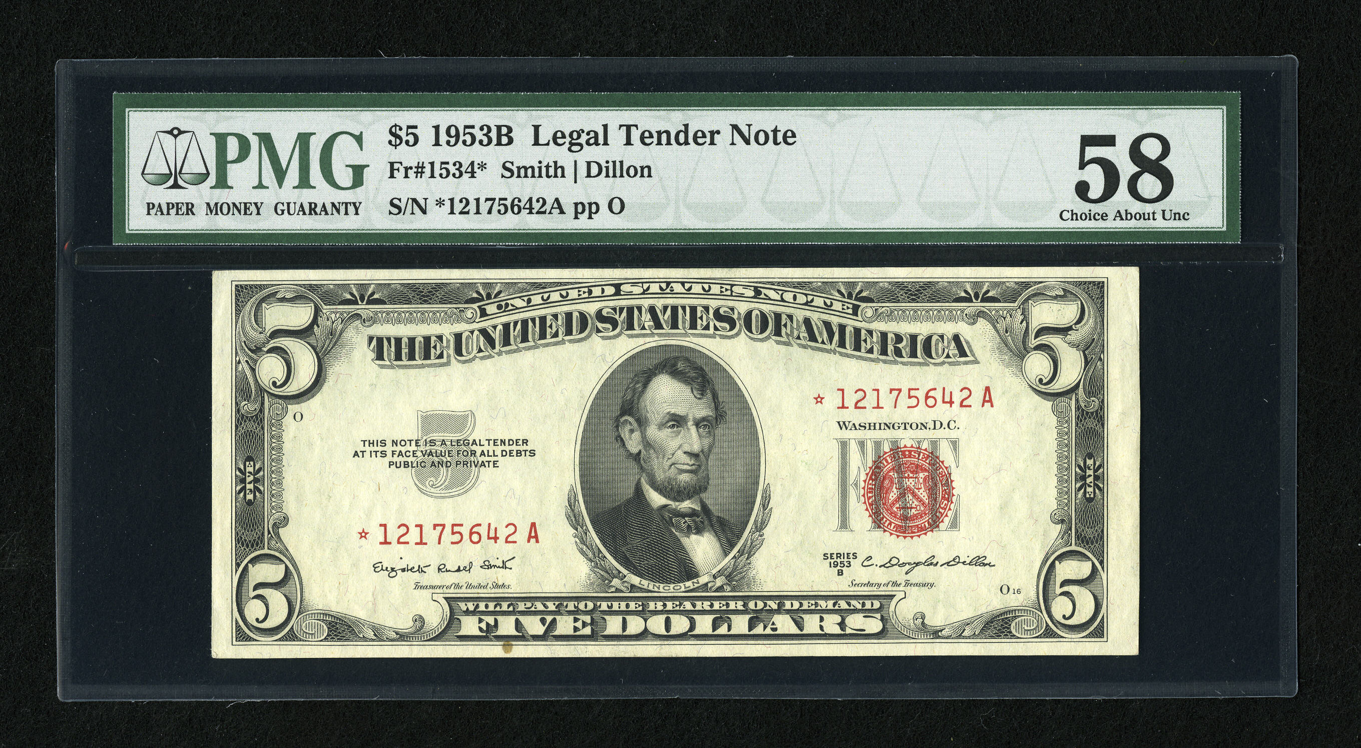 image for: Fr. 1534* $5 1953B Legal Tender Star Note. PMG Choice About Unc 58....