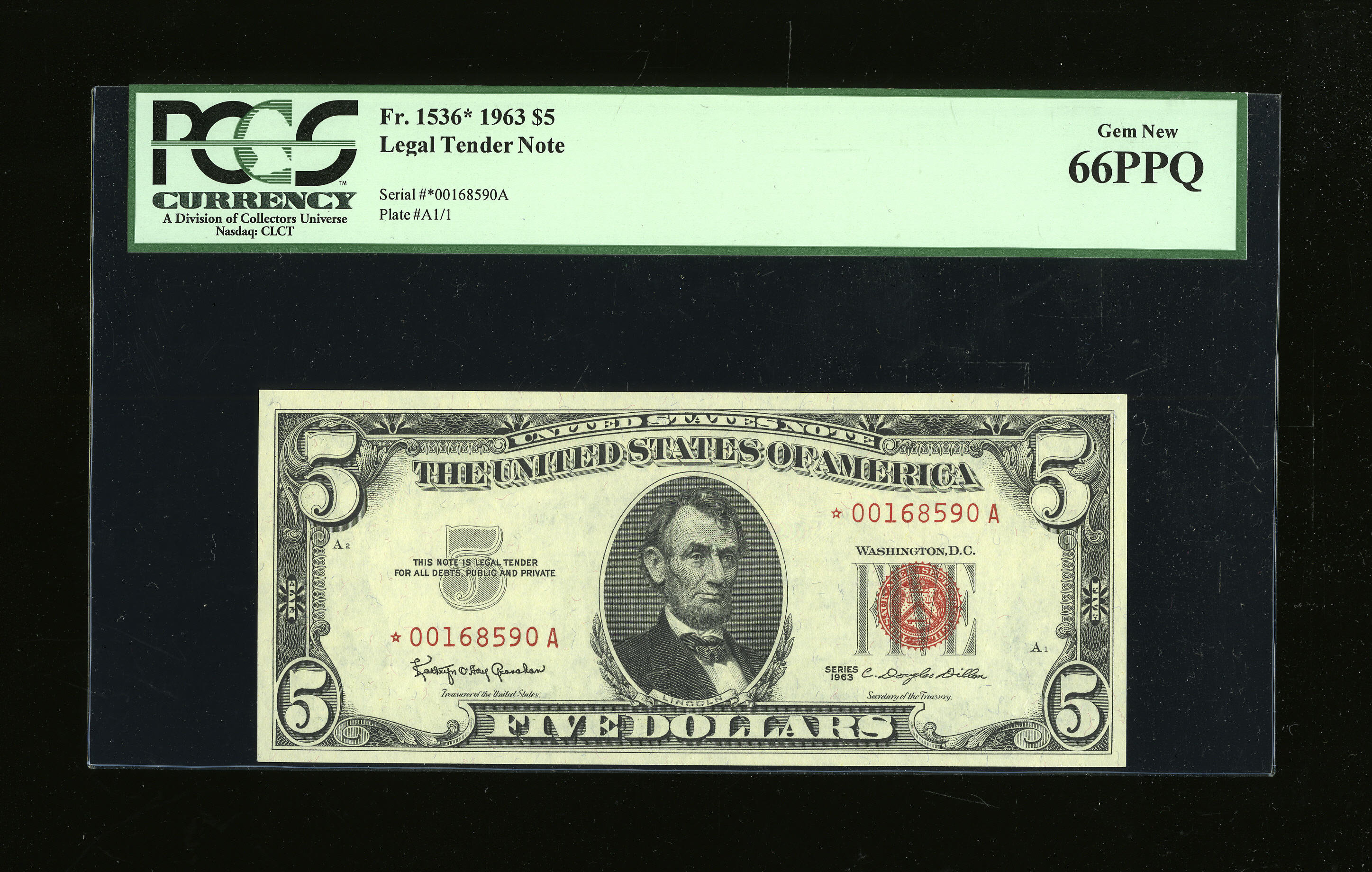 image for: Fr. 1536* $5 1963 Legal Tender Star Note. PCGS Gem New 66PPQ....