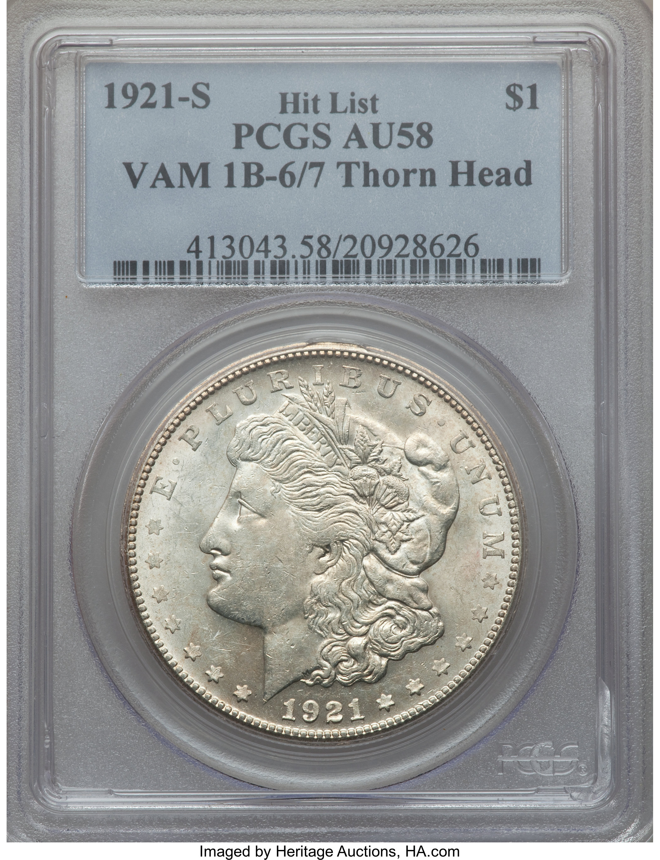 image for: 1921-S $1 Thorn Head, VAM-1B-6/7 AU58 PCGS. Hitlist. PCGS Population (8/19). NGC Census: (0/0)....