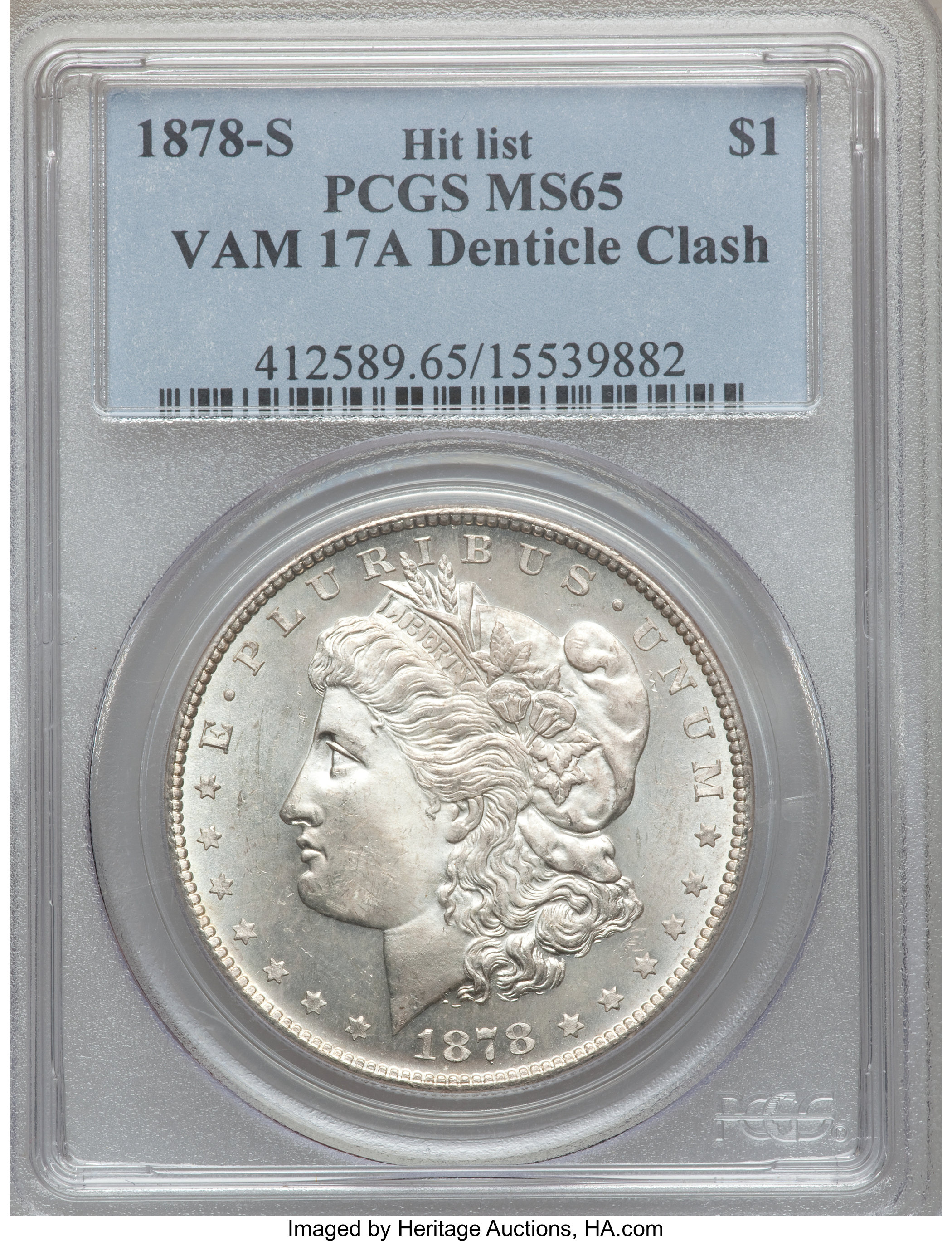 image for: 1878-S $1 Denticle Clash, VAM-17A MS65 PCGS. Hit List. PCGS Population (4/0). NGC Census: (0/0).  From The Parcfeld Col...