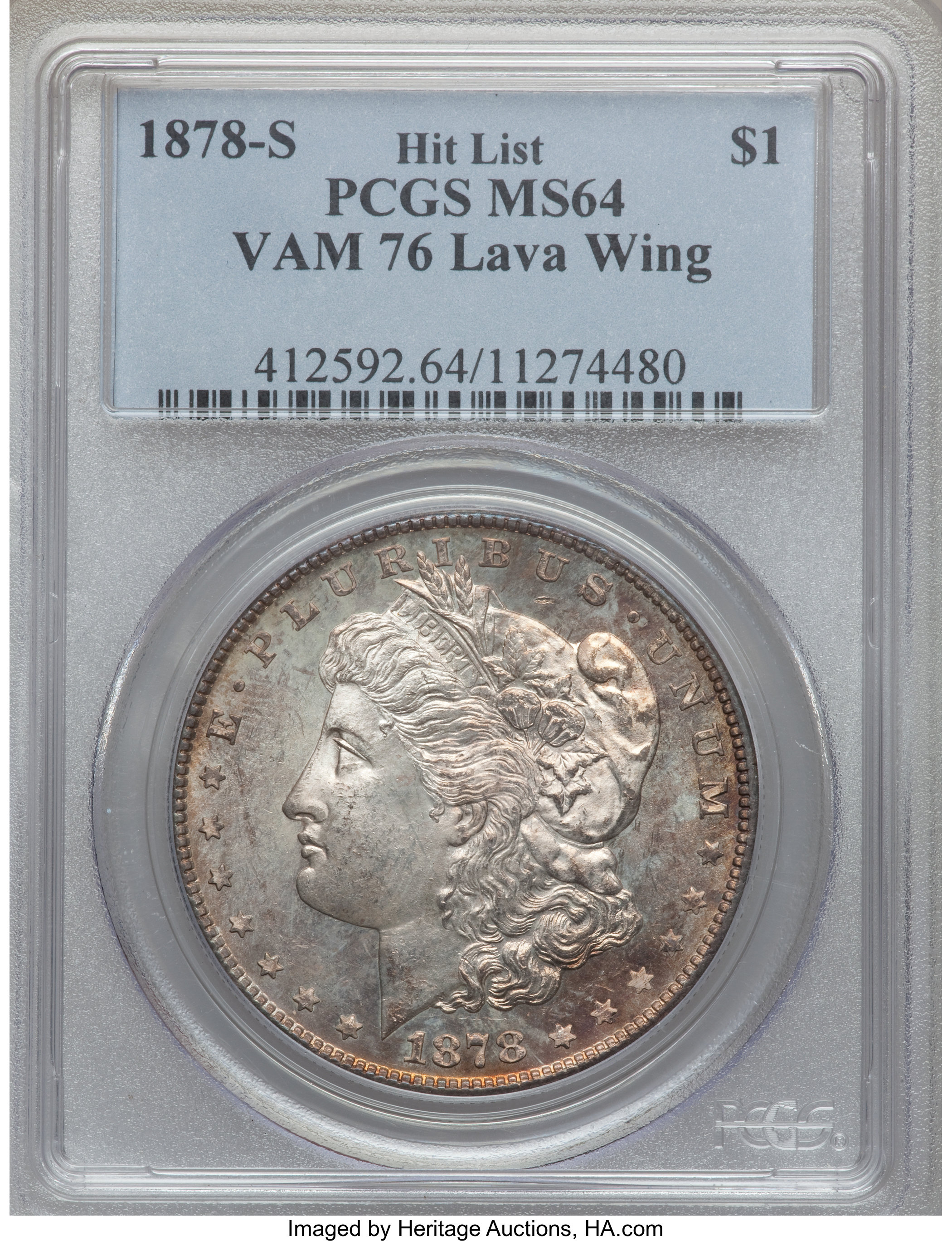 image for: 1878-S $1 Lava Wing, VAM-76 MS64 PCGS. Hit List. PCGS Population (3/0). NGC Census: (0/0).From The Parcfeld Collection....