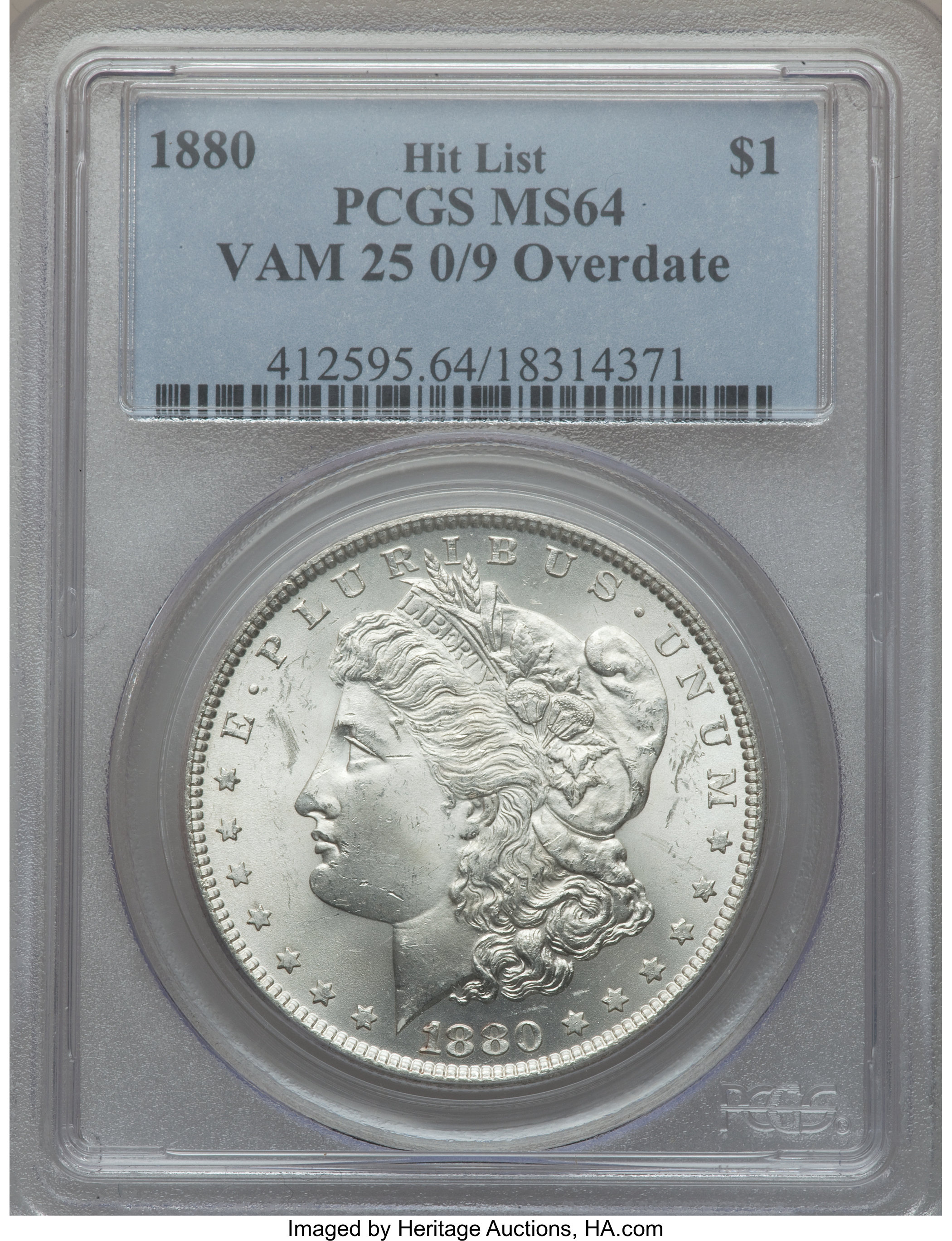 image for: 1880 $1 0/9 Overdate, VAM-25 MS64 PCGS. Hit List. PCGS Population (0/0). NGC Census: (0/0).From The Parcfeld Collection...