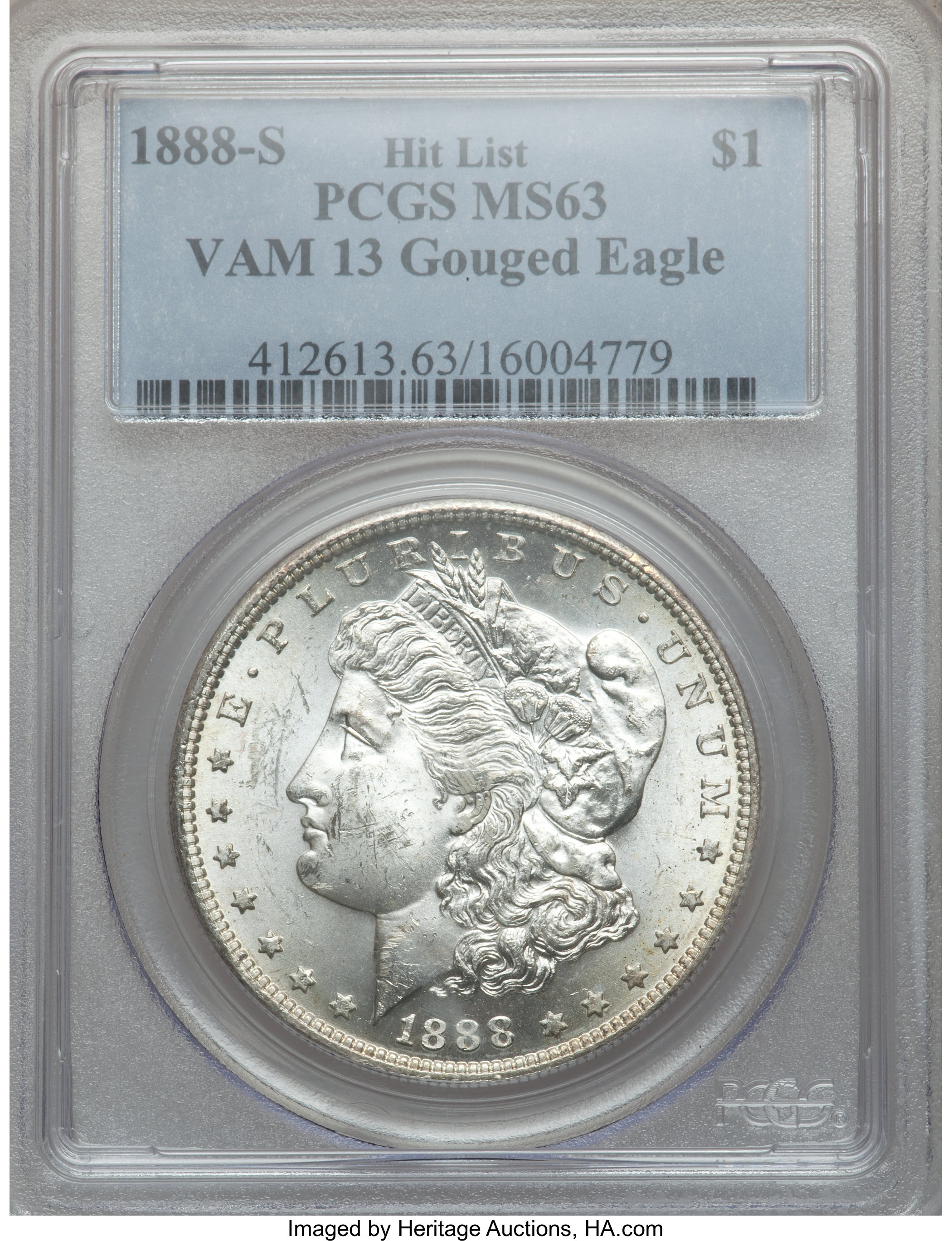 image for: 1888-S $1 Gouged Eagle, VAM-13, MS63 PCGS. Hit List. PCGS Population (0/0). NGC Census: (0/0).  From The Parcfeld Colle...