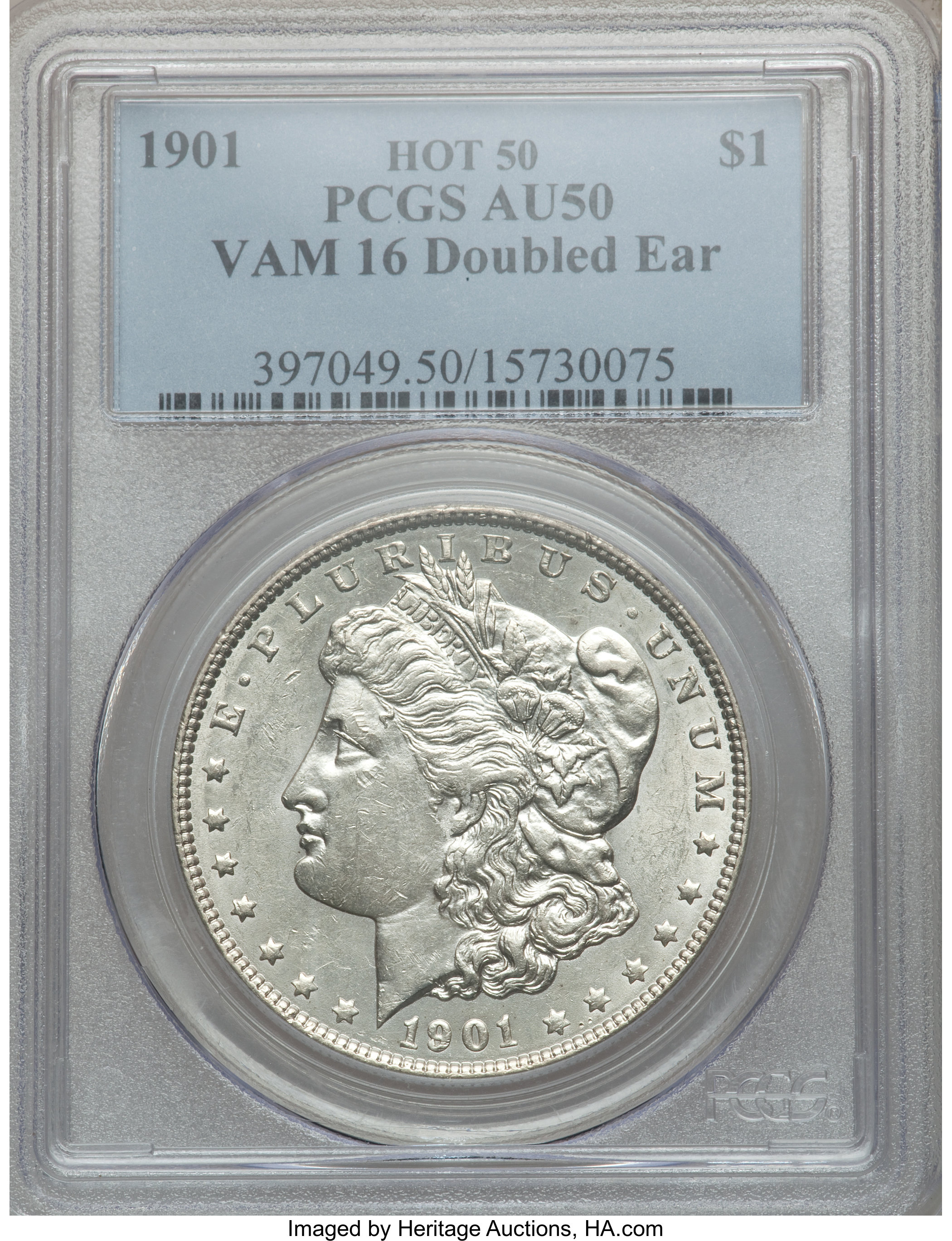 image for: 1901 $1 Doubled Ear, VAM-16 AU50 PCGS. Hot 50. PCGS Population (2/0). NGC Census: (0/0).From The Parcfeld Collection....