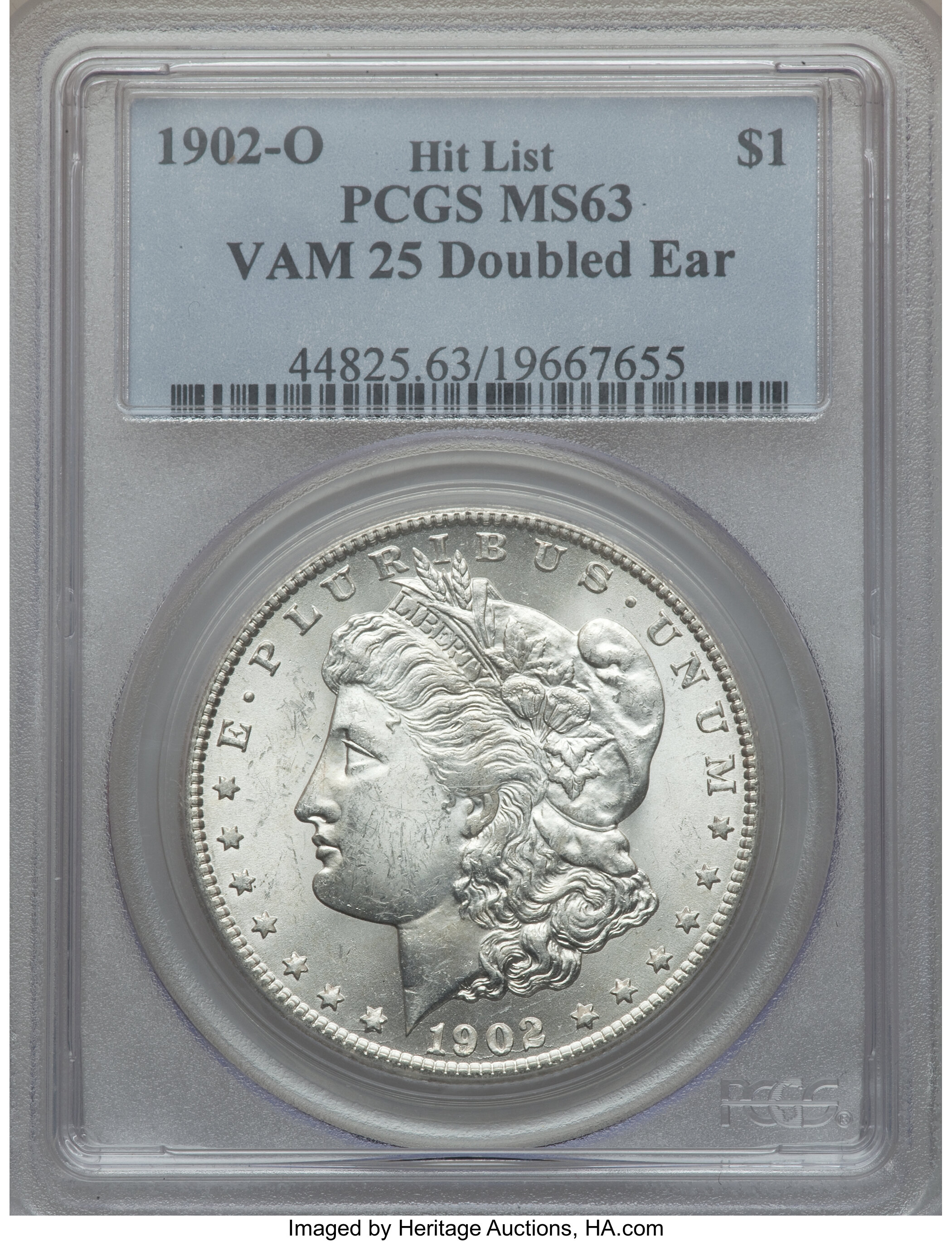image for: 1902-O $1 Doubled Ear, VAM-25 MS63 PCGS. Hit List. PCGS Population (29/35). NGC Census: (0/0).From The Parcfeld Collect...
