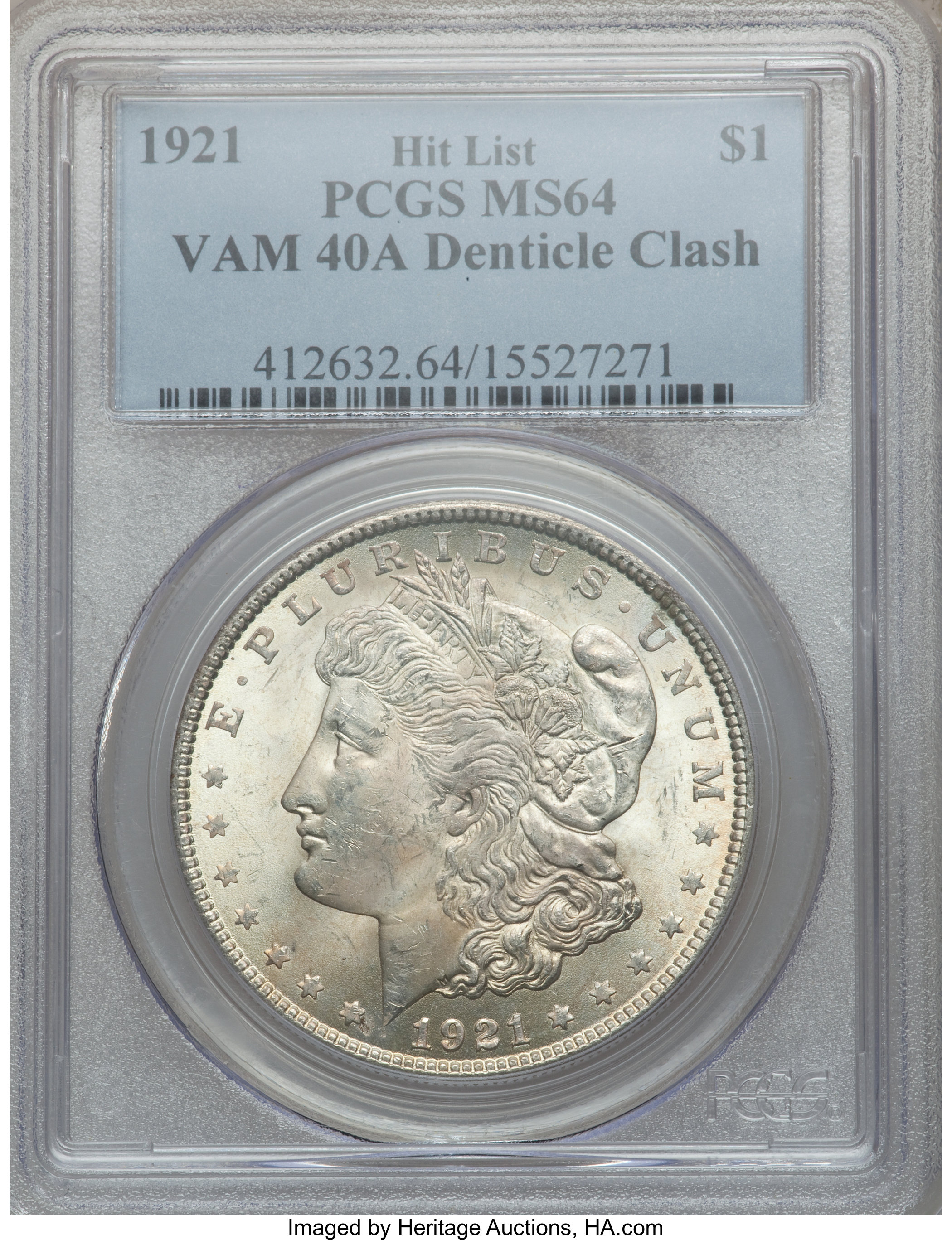 image for: 1921 $1 Denticle Clash, VAM-40A MS64 PCGS. Hit List. PCGS Population (5/0). NGC Census: (0/0).From The Parcfeld Collect...