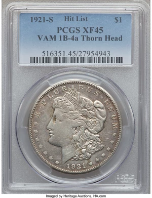 image for: 1921-S $1 Thorn Head, VAM-1B-4a XF45 PCGS. Hit List. PCGS Population (0/0). NGC Census: (0/0).From The Parcfeld Collect...