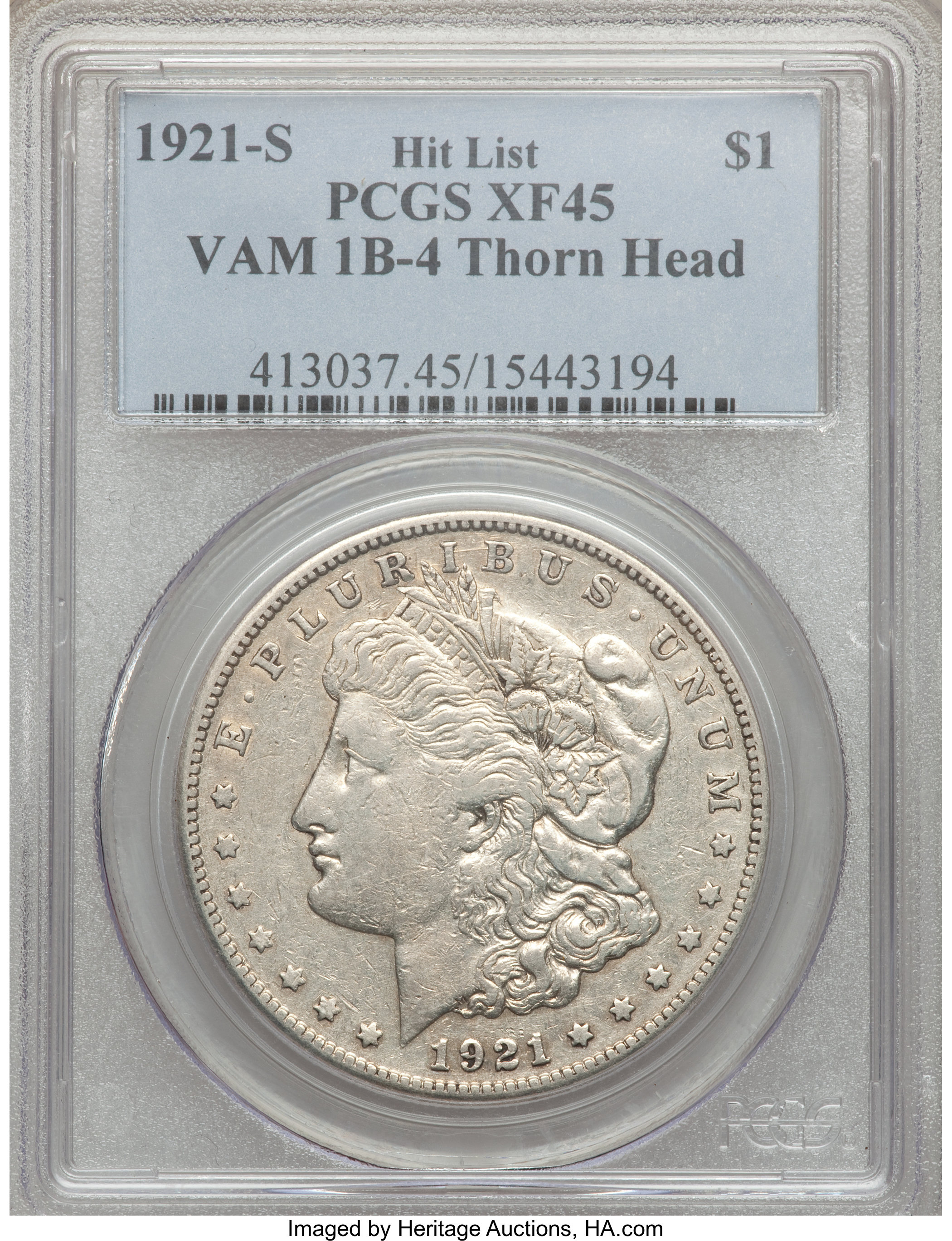 image for: 1921-S $1 Thorn Head, Vam-1 B-4 XF45 PCGS. Hit List. PCGS Population (4/16). NGC Census: (0/0)....