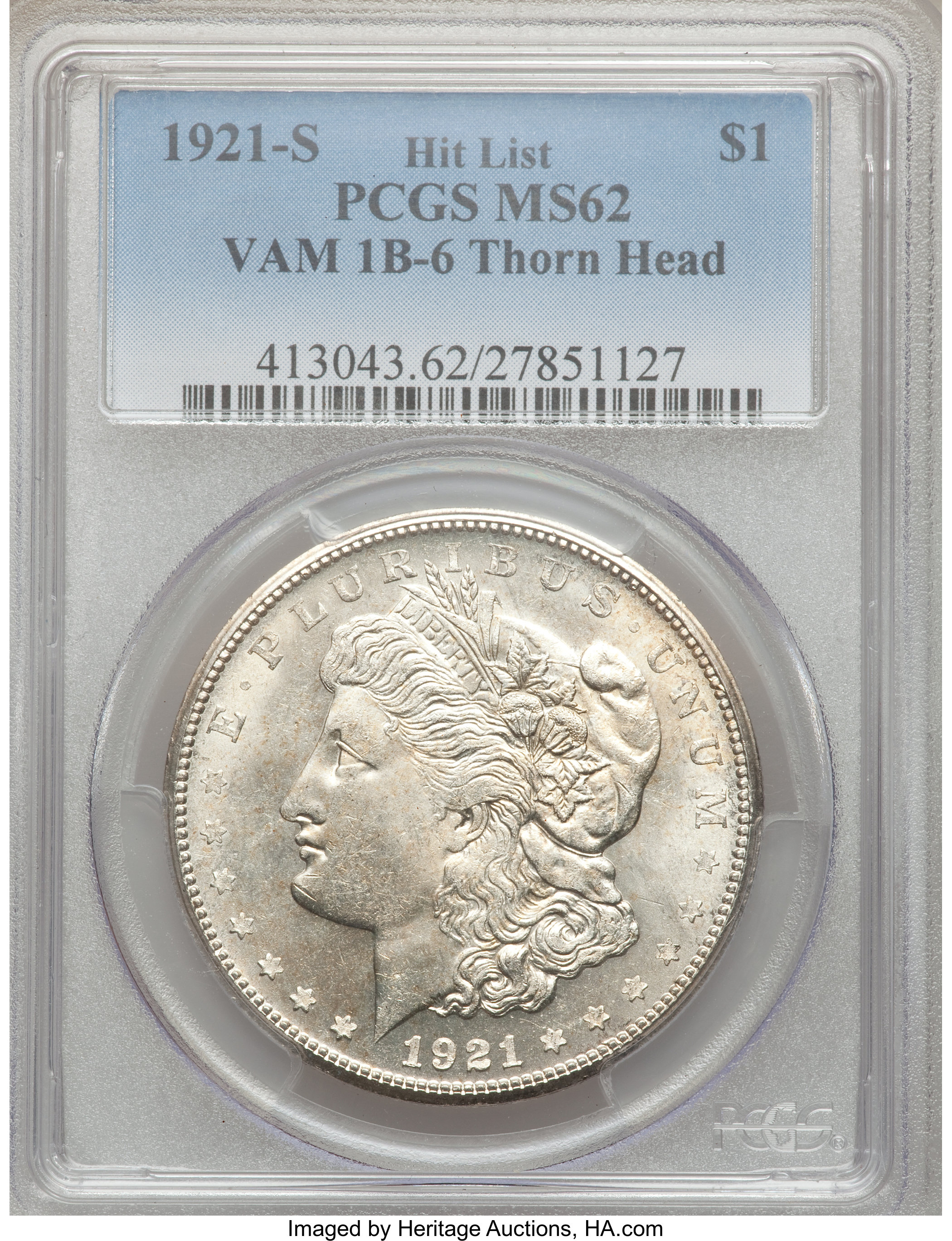 image for: 1921-S $1 Thorn Head, VAM-1B-6 MS62 PCGS. Hit List. PCGS Population (7/17). NGC Census: (0/0).  ...