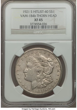 image for: 1921-S $1 Thorn Head, VAM-1B4b XF45 NGC. Hitlist 40. NGC Census: (0/0). PCGS Population (3/9)....