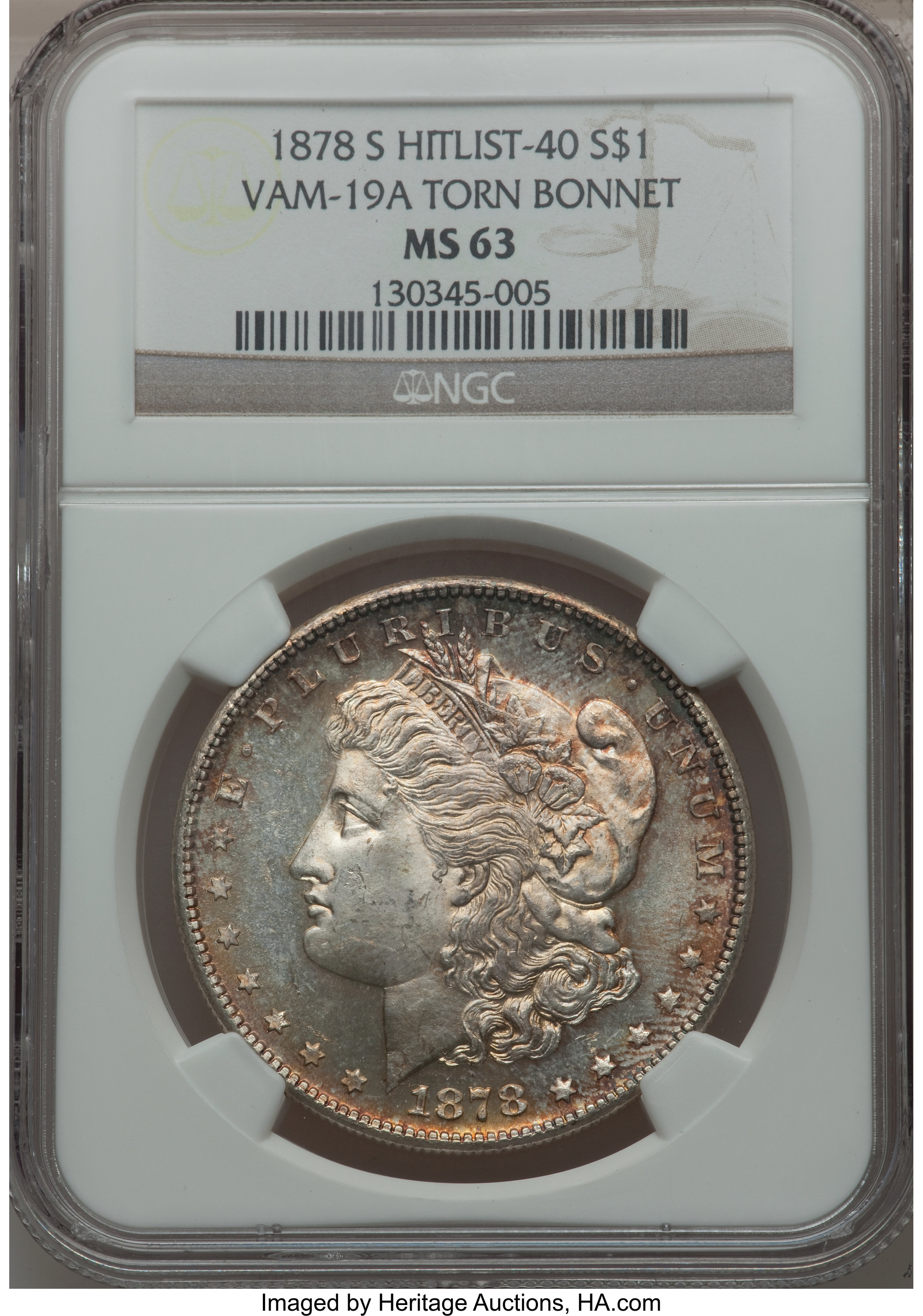 image for: 1878-S $1 Torn Bonnet MS63 NGC. VAM-19A, Hitlist-40. NGC Census: (0/0). PCGS Population (20/47)....