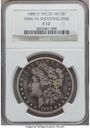 image for: 1888-O $1 Shooting Star Fine 12 NGC. VAM-7A, Hit List-40. NGC Census: (0/0). PCGS Population (2/21)....