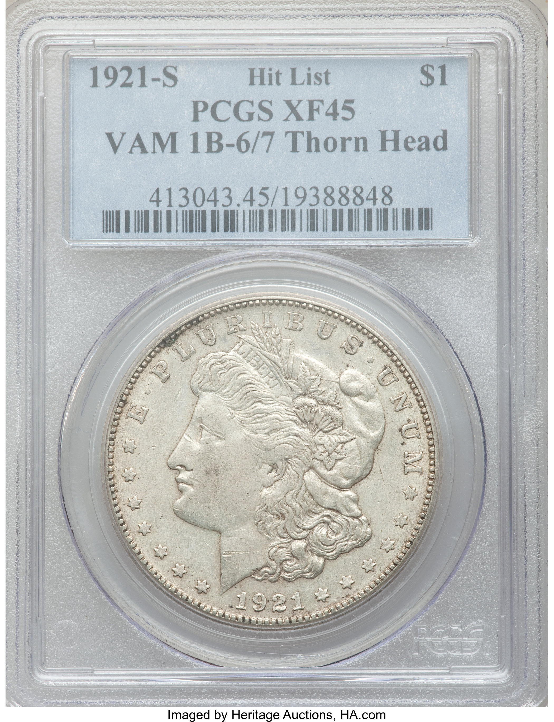 image for: 1921-S $1 Thorn Head, VAM-1B-6/7 XF45 PCGS. Hit List. PCGS Population (18/50). NGC Census: (0/0)....
