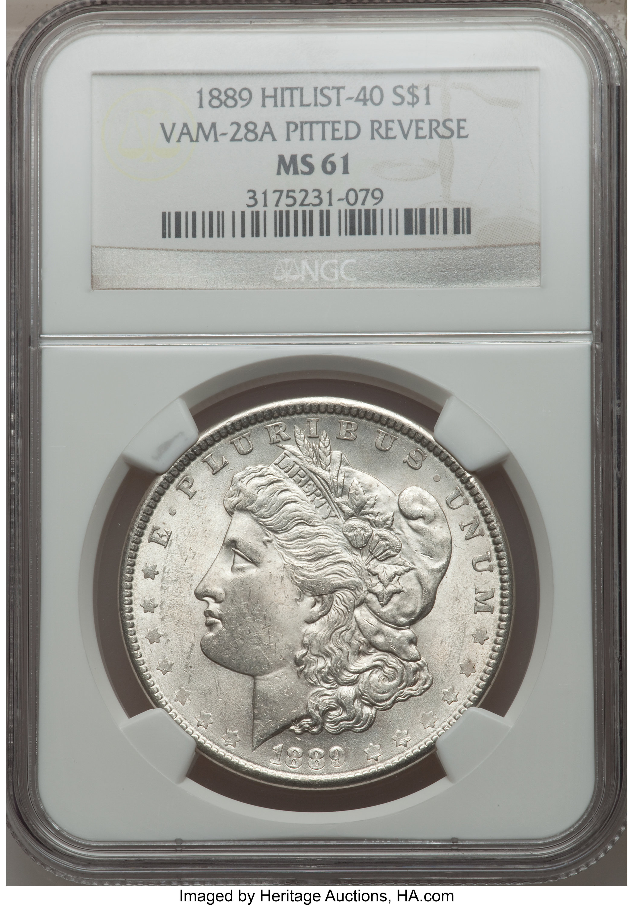 image for: 1889 $1 VAM-28A, Pitted Reverse MS61 NGC. Hitlist-40. NGC Census: (0/0). PCGS Population (2/23)....