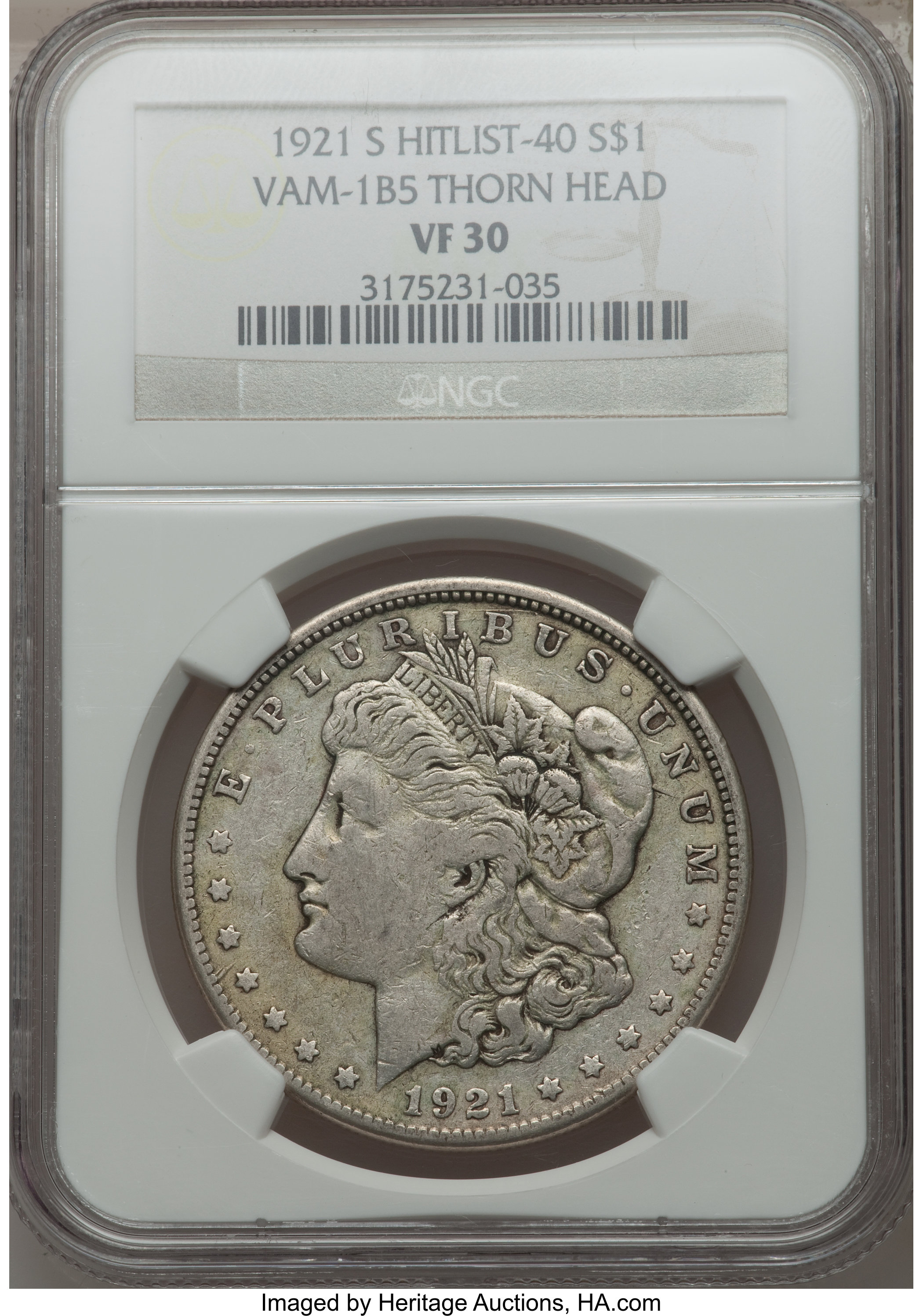image for: 1921-S $1 Thorn Head, VAM-1B-5 VF30 NGC. Hitlist-40. NGC Census: (0/0). PCGS Population (0/0)....