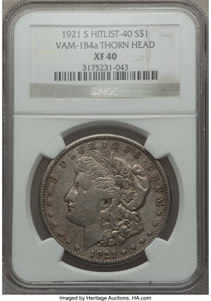 image for: 1921-S $1 Thorn Head, VAM-1B-4a XF40 NGC. Hitlist-40. NGC Census: (0/0). PCGS Population (1/12). ...