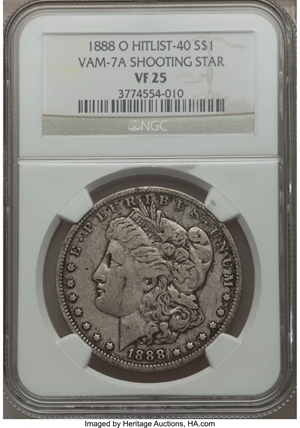image for: 1888-O $1 Shooting Star VF25 NGC. VAM-7A. Hitlist-40. NGC Census: (0/0). PCGS Population (2/17)....