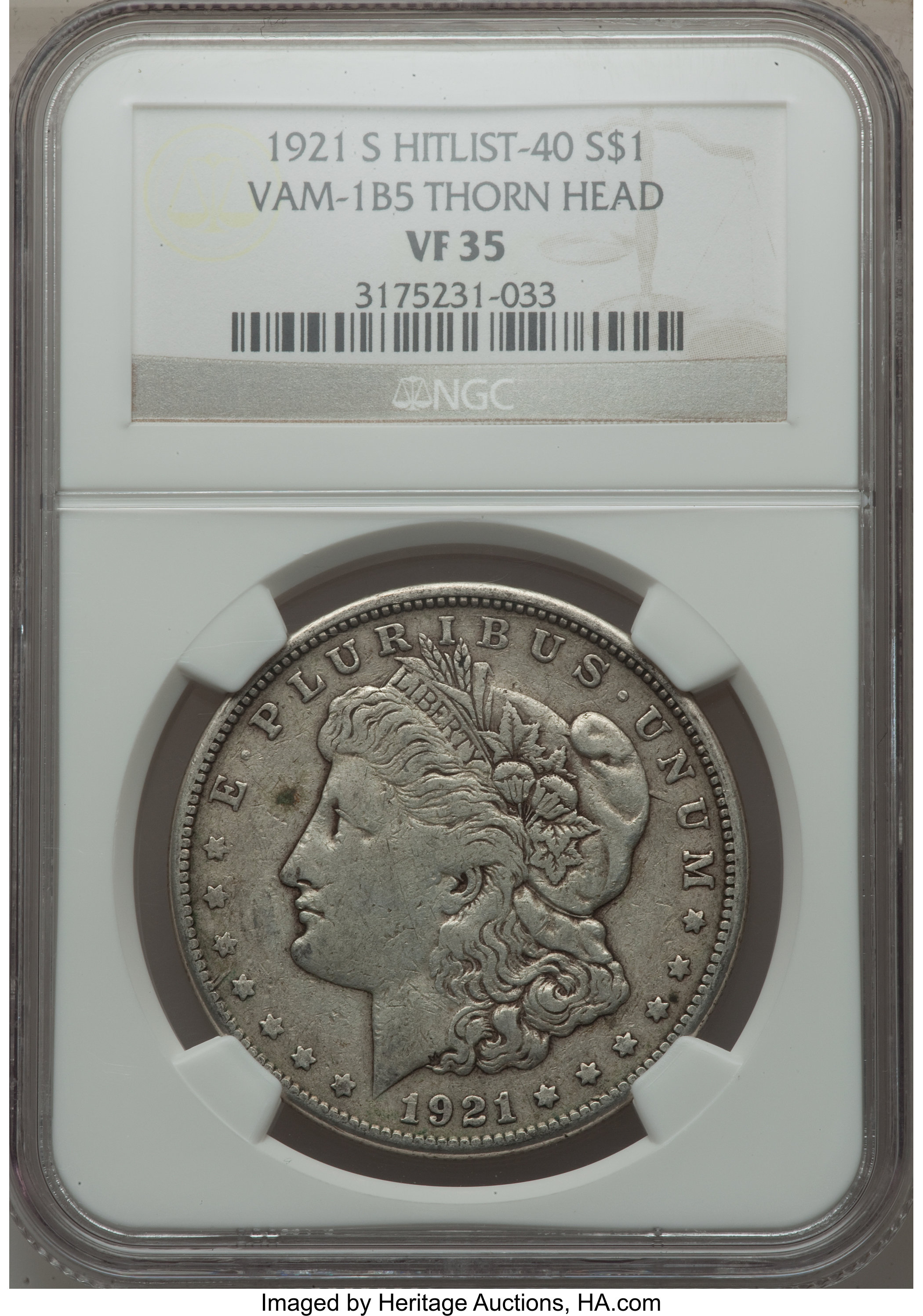 image for: 1921-S $1 Thorn Head, VAM-1B-5 VF35 NGC.  Hitlist-40. NGC Census: (0/0). PCGS Population (0/0).  ...