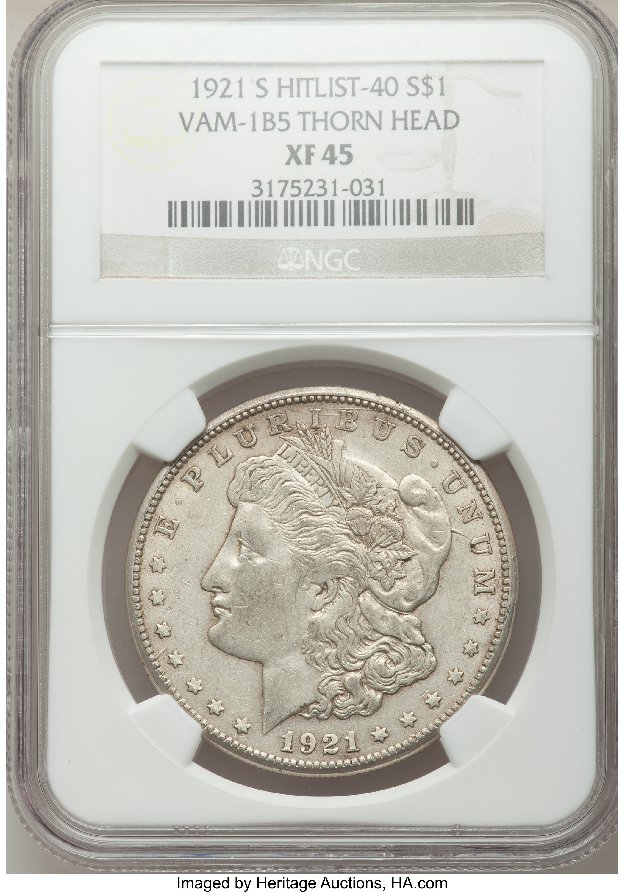 image for: 1921-S $1 Thorn Head, VAM-1B-5 XF45 NGC.  Hitlist-40. NGC Census: (0/0). PCGS Population (2/15).  ...