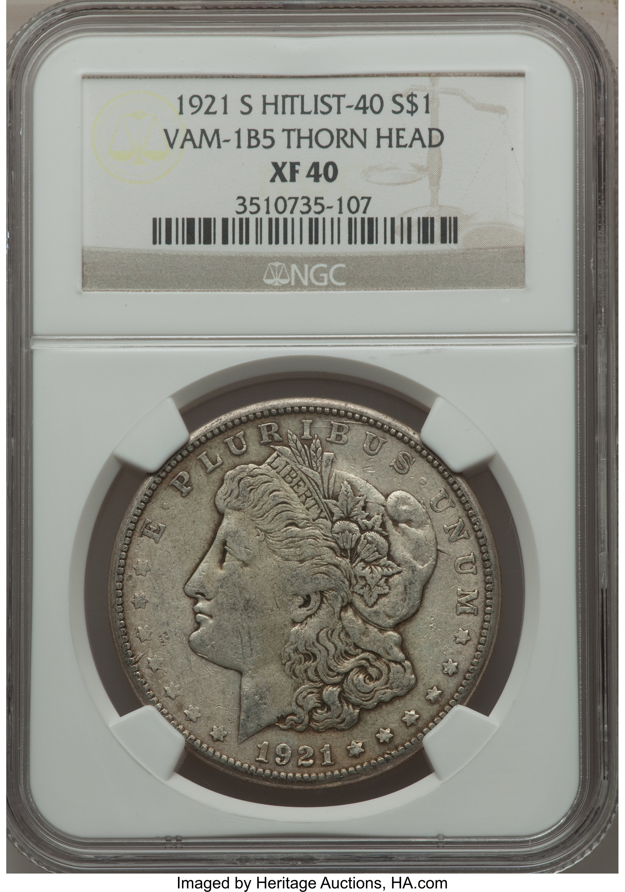 image for: 1921-S $1 Thorn Head, VAM-1B-5 XF40 NGC.  Hitlist-40. NGC Census: (0/0). PCGS Population (0/17).  ...