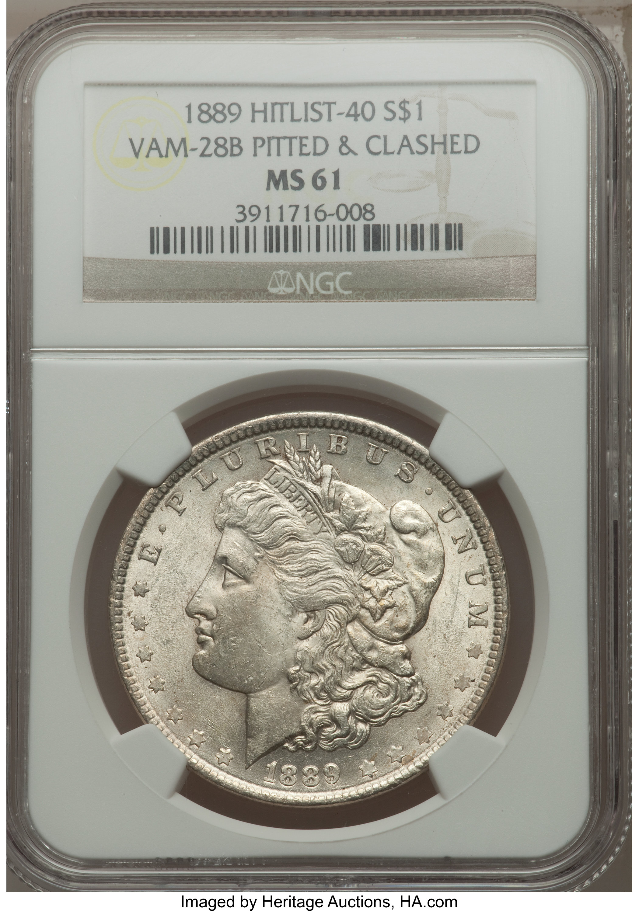 image for: 1889 $1 Pitted Reverse & Clashed, VAM-28B MS61 NGC.  Hitlist-40. NGC Census: (0/0). PCGS Population (2/24)....