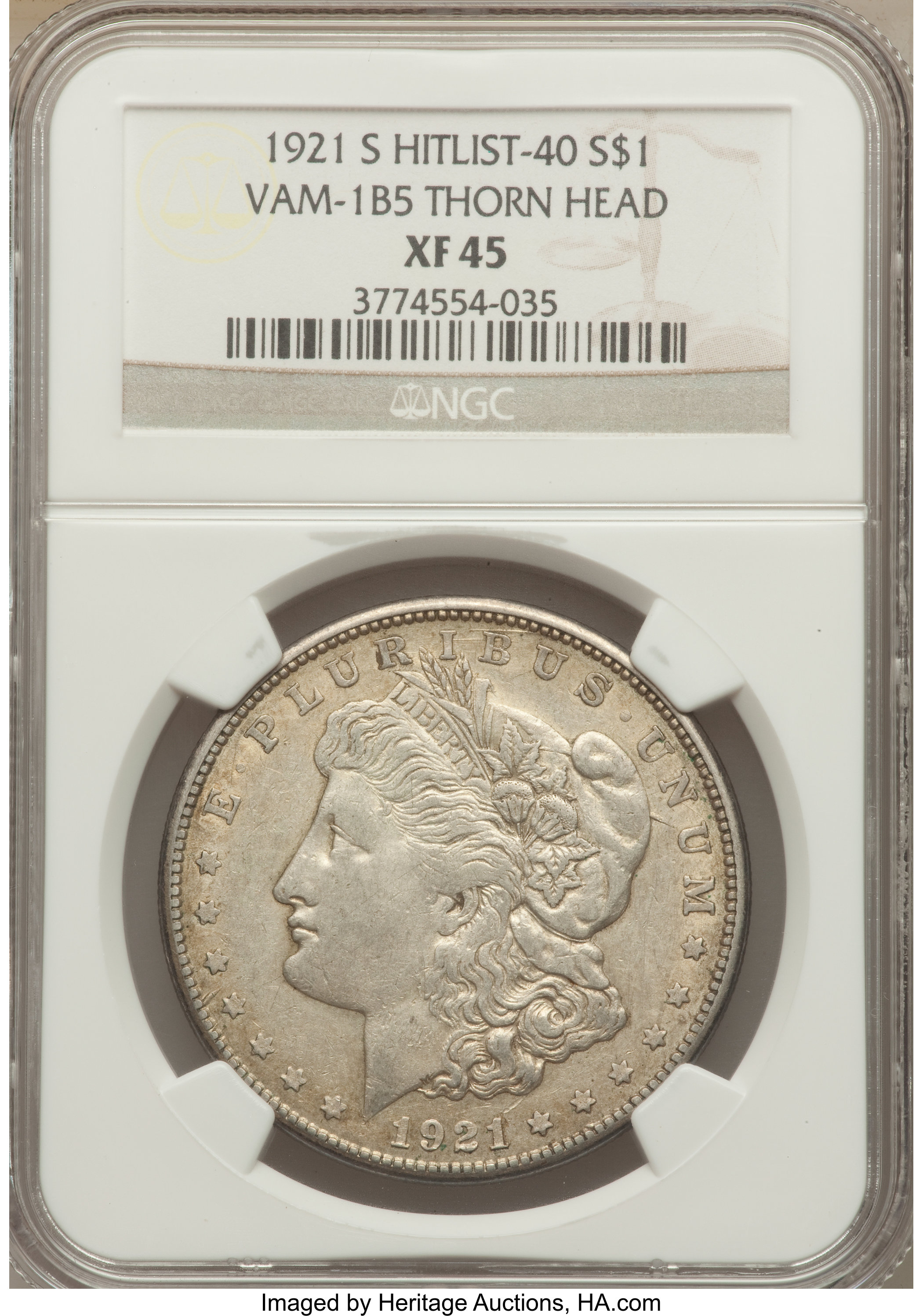 image for: 1921-S $1 Thorn Head, VAM-1B5 XF45 NGC. Hitlist-40. NGC Census: (0/0). PCGS Population (2/16)....