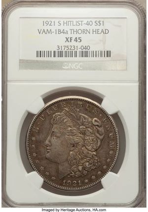 image for: 1921-S $1 Thorn Head, VAM-1B4a XF45 NGC. Hitlist-40. NGC Census: (0/0). PCGS Population (3/10)....